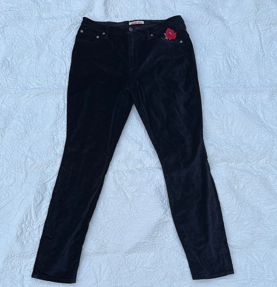 Johnny Was Pants Womens 32 Skinny Velvet Embroidered Black Stretch Rose Floral