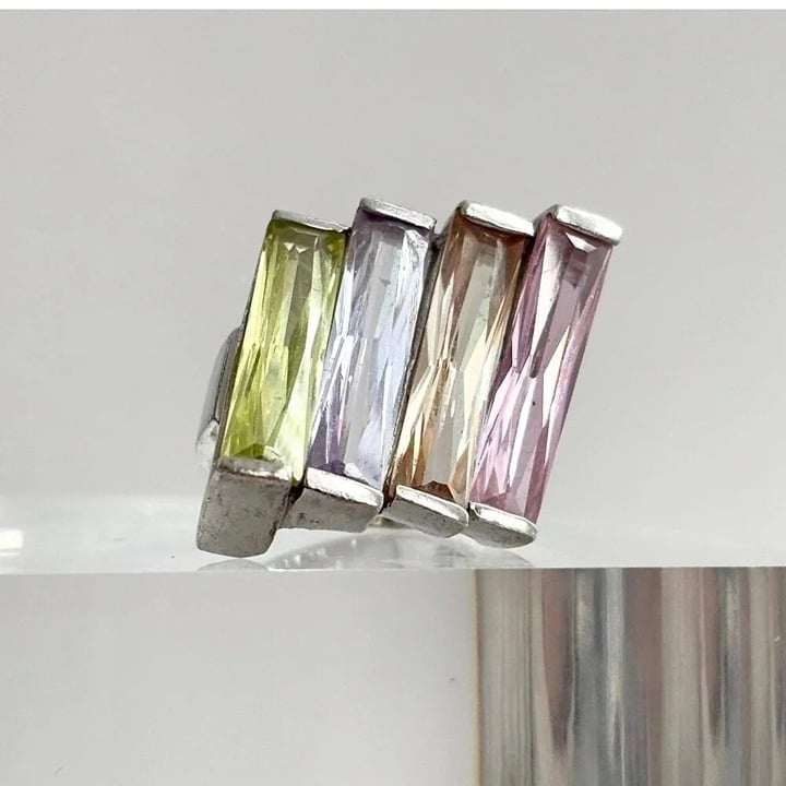 Sterling Silver Multi Gemstone Baguette Cut Vintage XL Straight Shank Ring sz 7