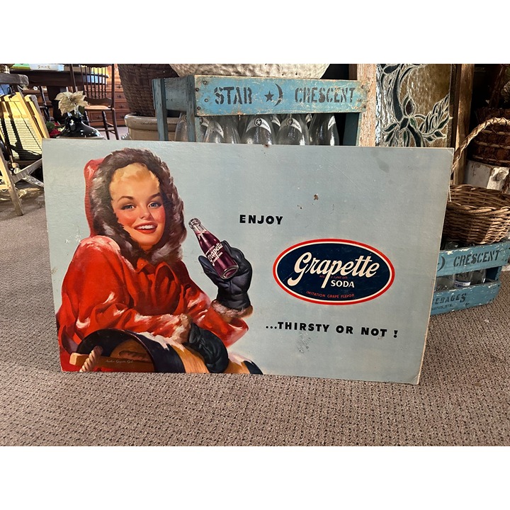 Vintage 1940s Grapette Grape Soda Advertising Litho Store Sign w/ Girl Cardboard