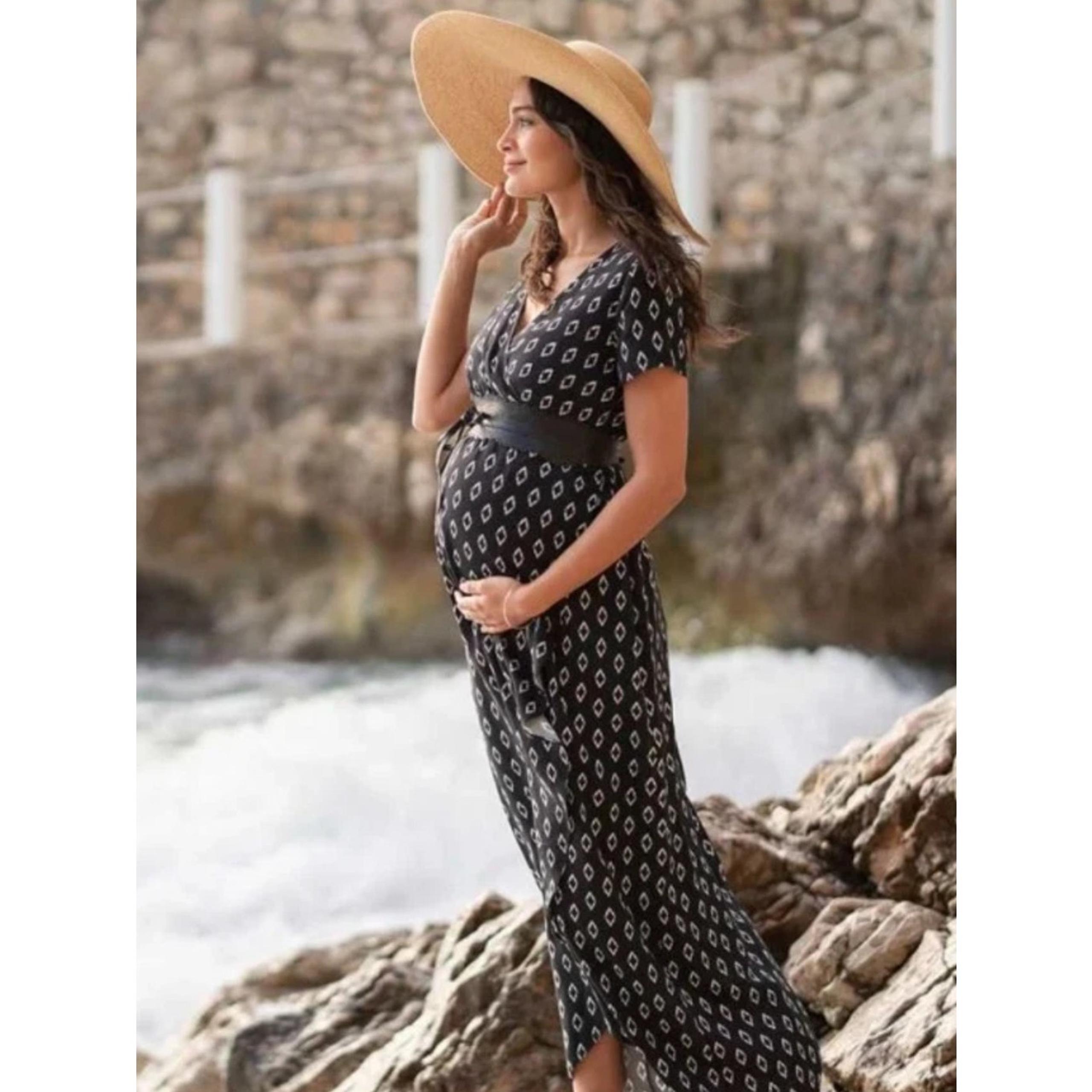 Seraphine Maternity Woven Maxi Wrap Dress Black Ikat Women’s 4, NEW Viscose