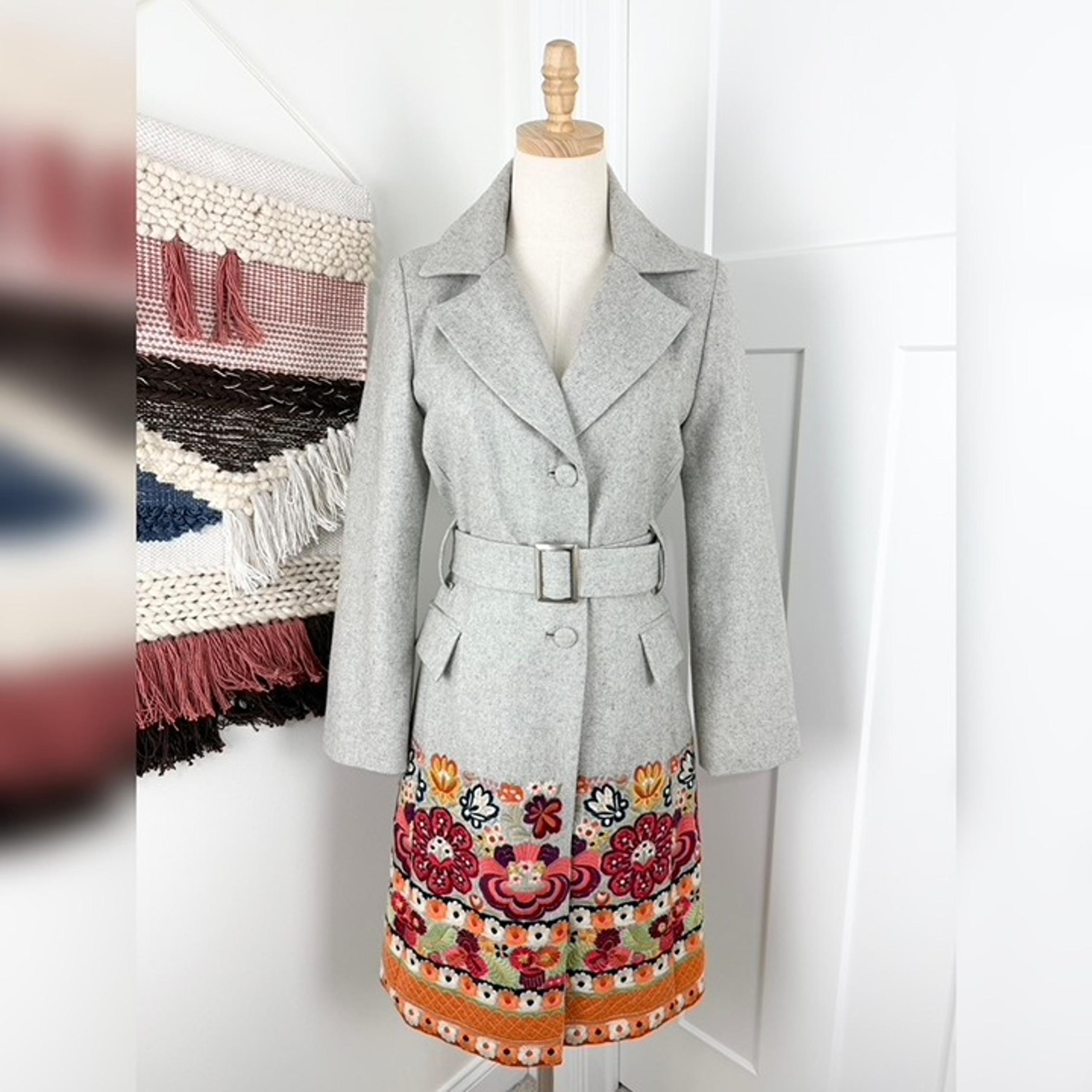Johnny Was Biya Embroidered Floral Wool Blend Belted Coat Grey Sz S NWT