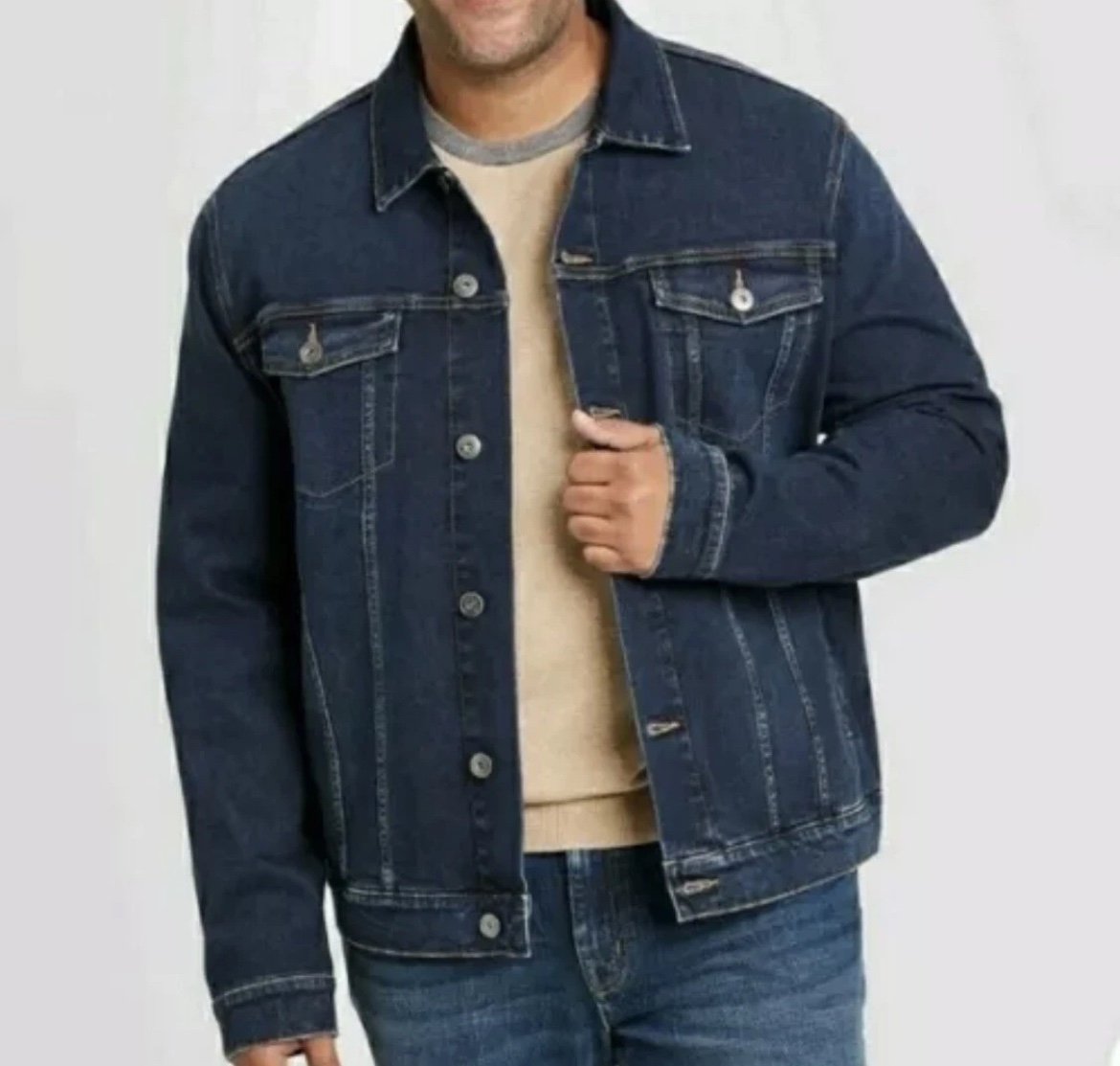 Goodfellow & Co Mens Blue Sz Medium Dark Wash Denim Trucker Jacket Stretch NWT