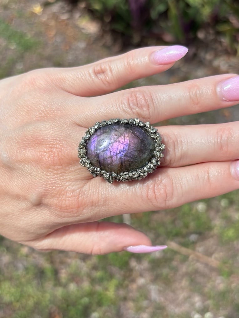 Purple pink labradorite flash Ring with pyrite