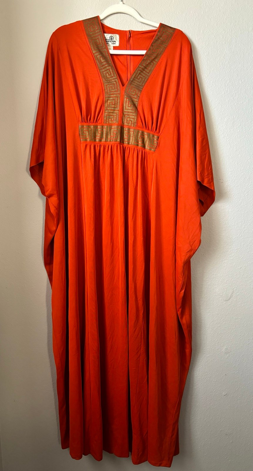 Vintage 1960’s Alfred Shaheen orange gold Greek key caftan one size