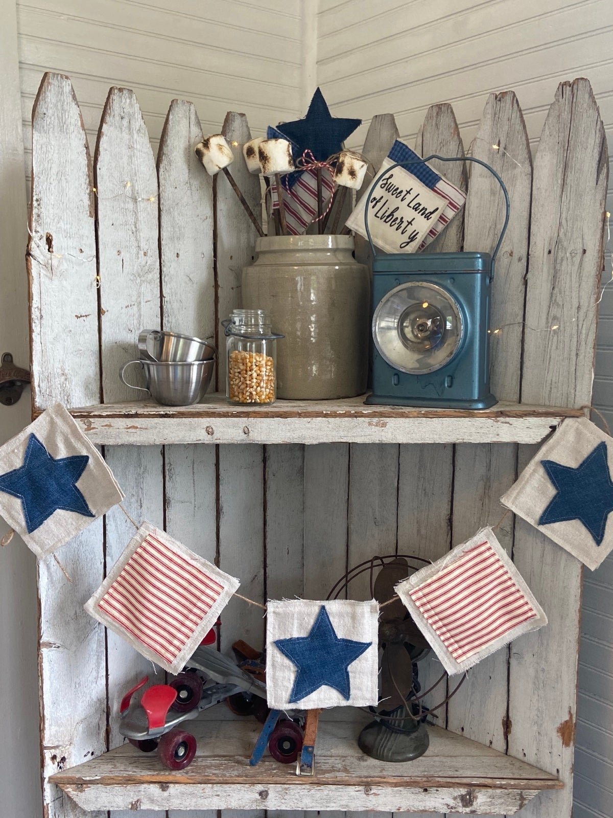 Patriotic Fabric Bunting Banner Red Stripe & Denim Stars for 4th of July Decor