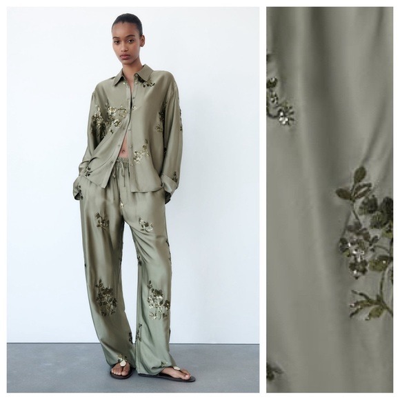 NWOT. Zara Sage Green Sequin Satin Effect High-Waisted Pants. Size XS.