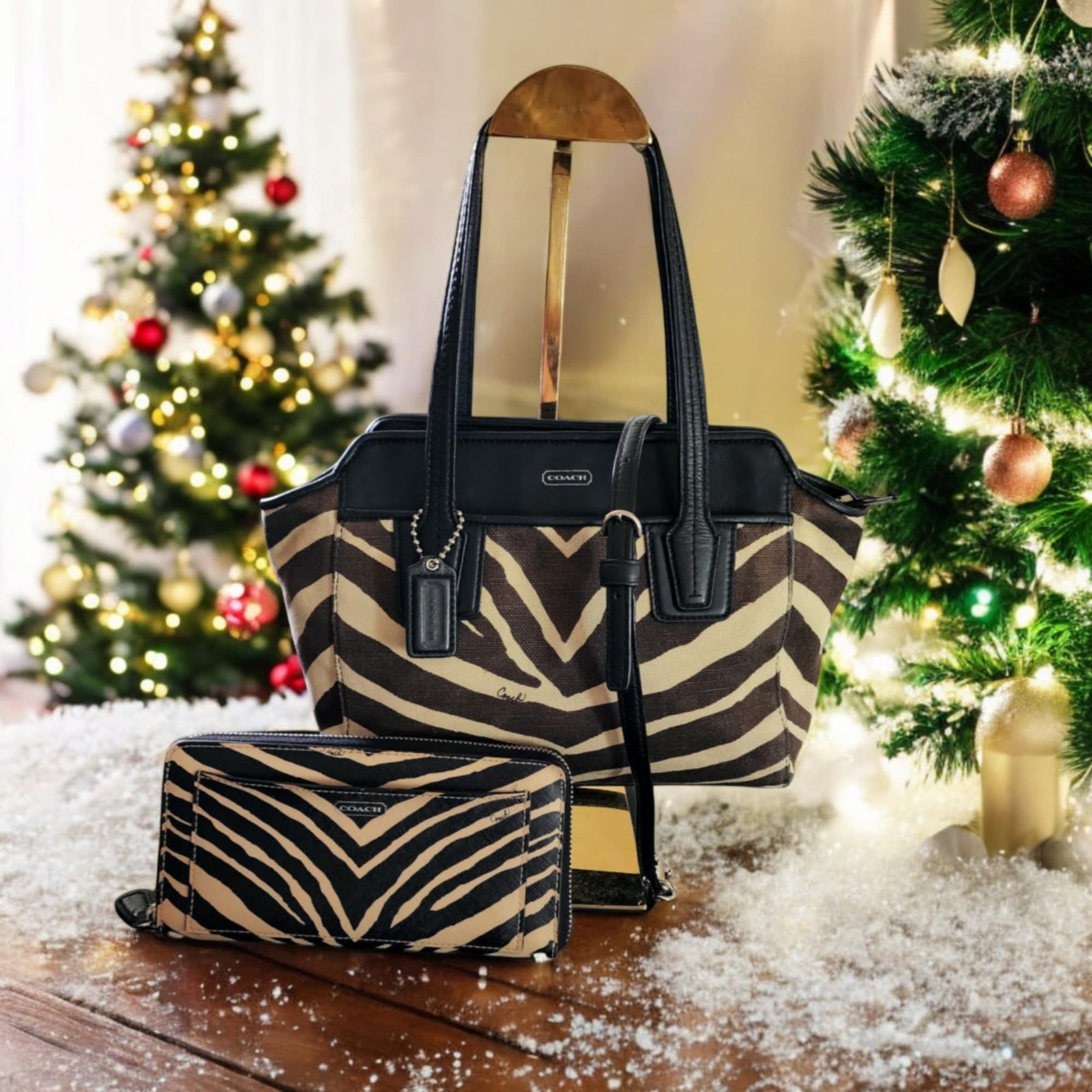 Coach Taylor zebra print canvas and black leather shoulder bag and wallet