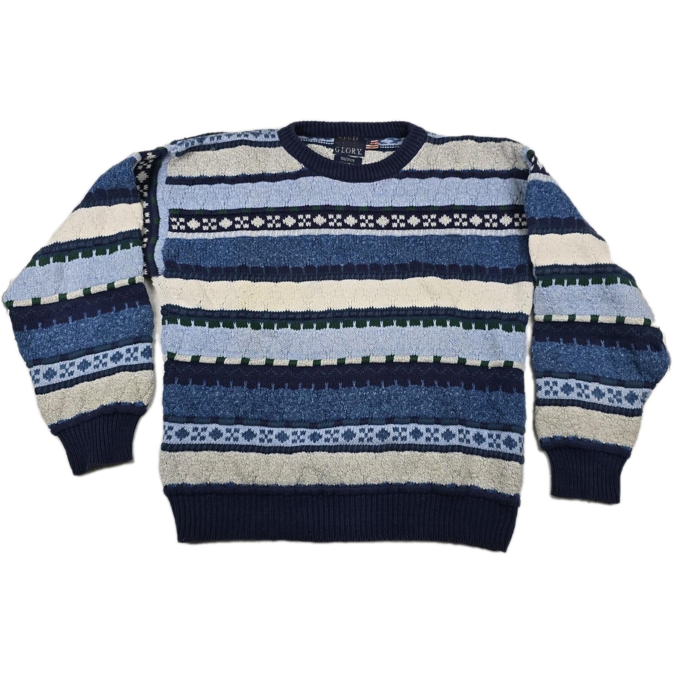 Old Glory Vintage Colorblock Knit Striped Sweater Men's Size Medium Blue White