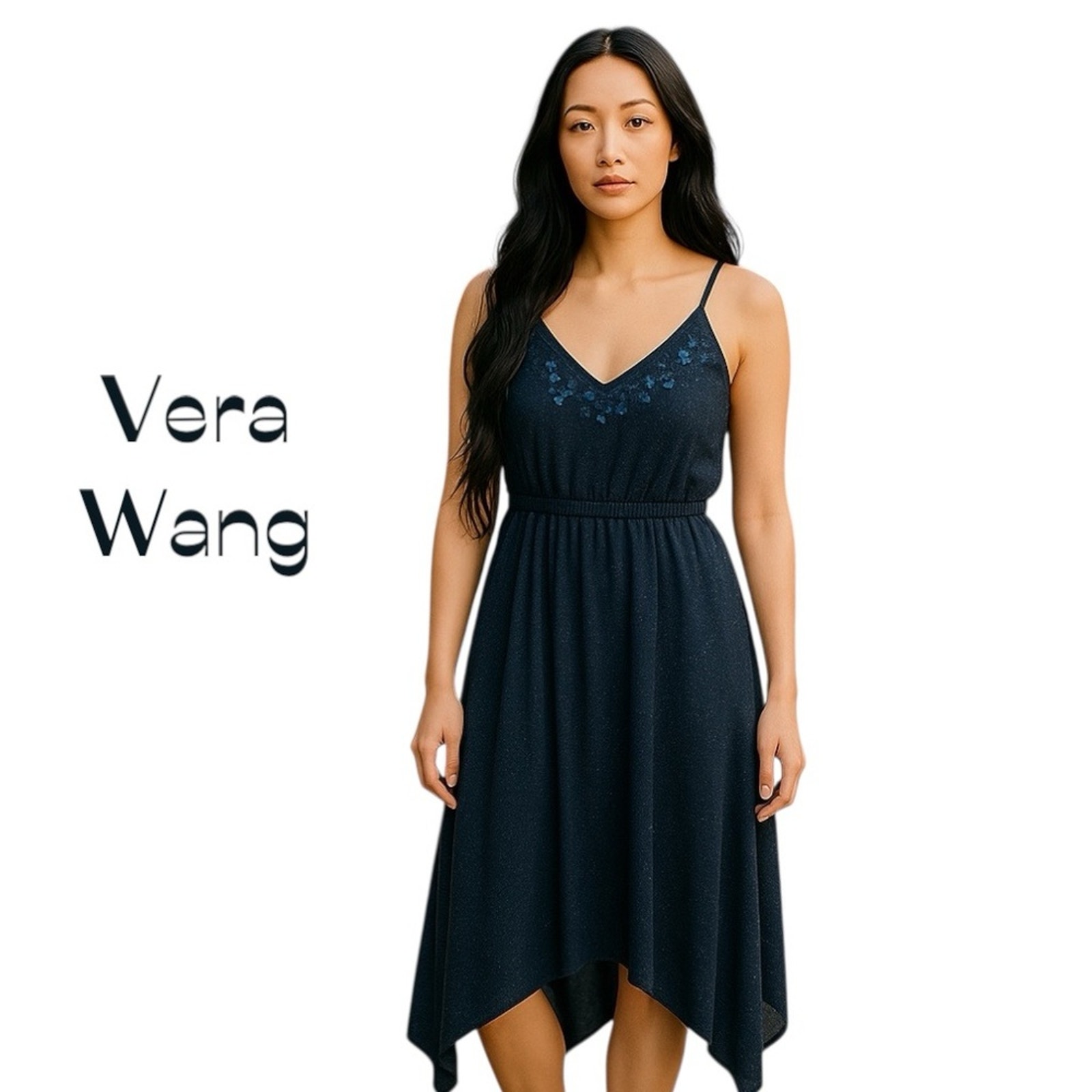 Vera Wang Navy Sequined Babydoll Cruise Vacation Coastal Sundress NWT Size L
