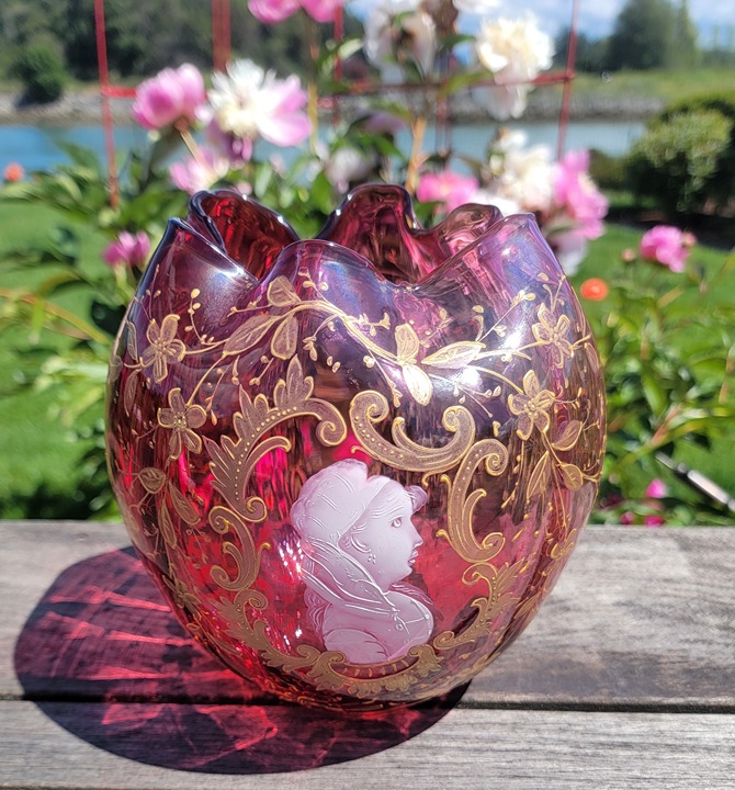 Cranberry Bohemian Art Glass Rose Vase w/Queen Victoria Profile