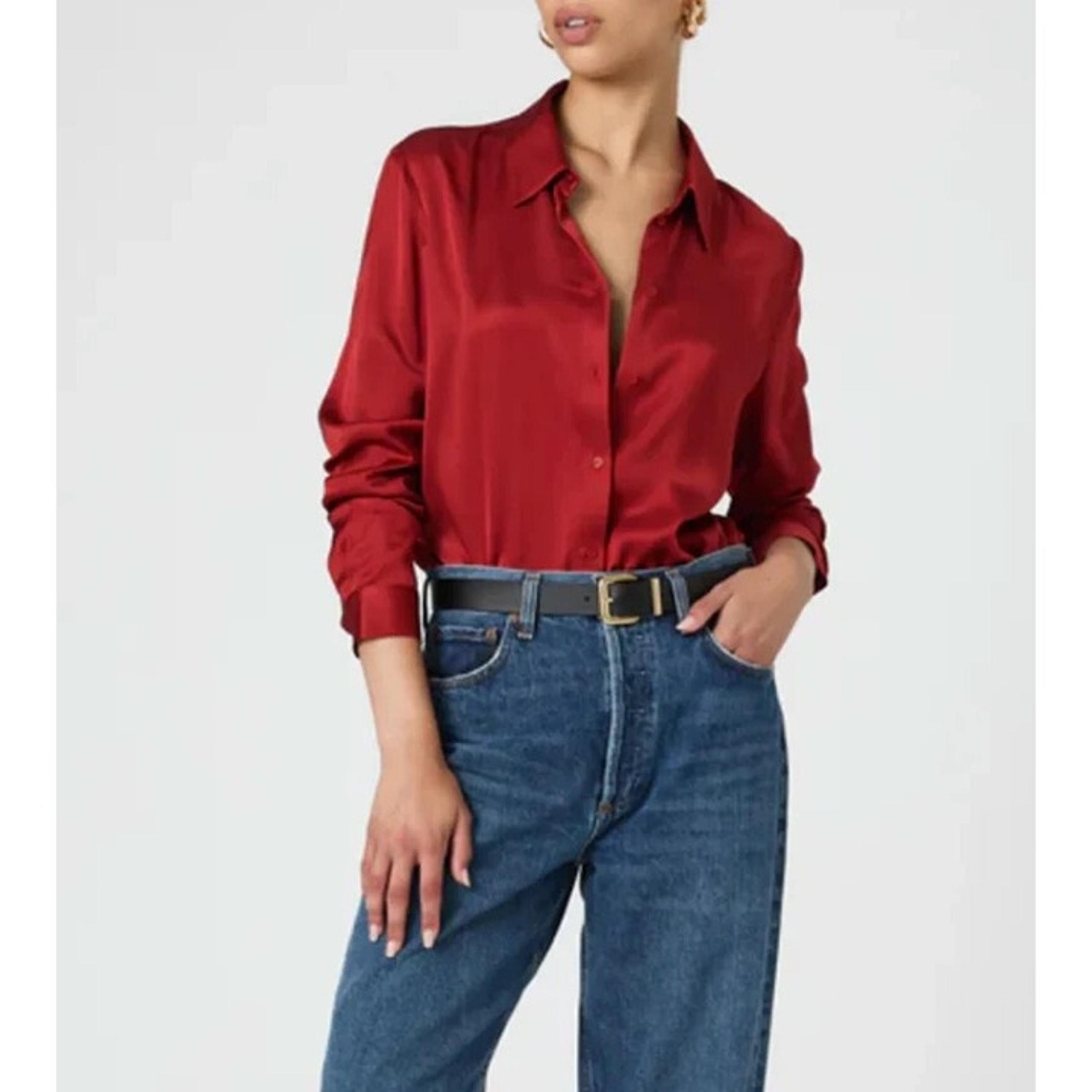 French Connection Ennis Satin Shirt Womens Size L Wine Red Viscose Button-Up