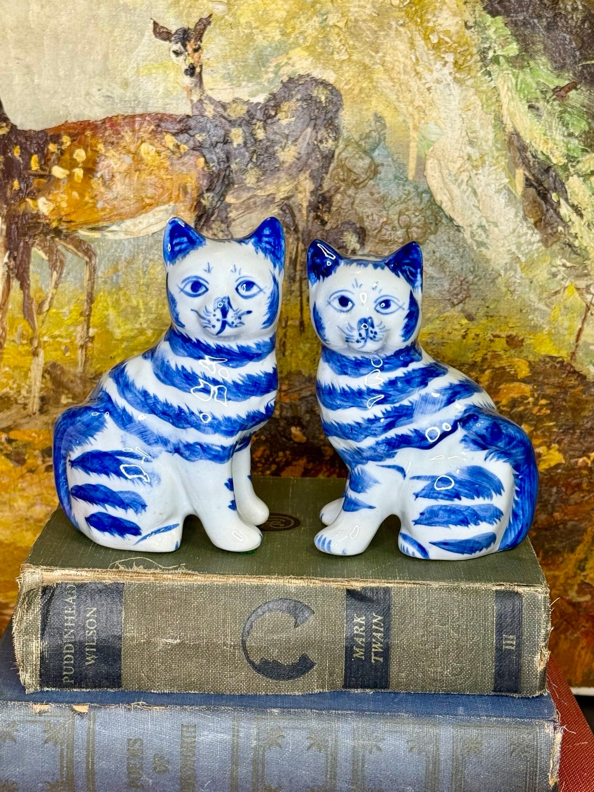Rare Vintage Blue & White Stripe Tabby Cat Porcelain Figurines 4.5” Handpainted
