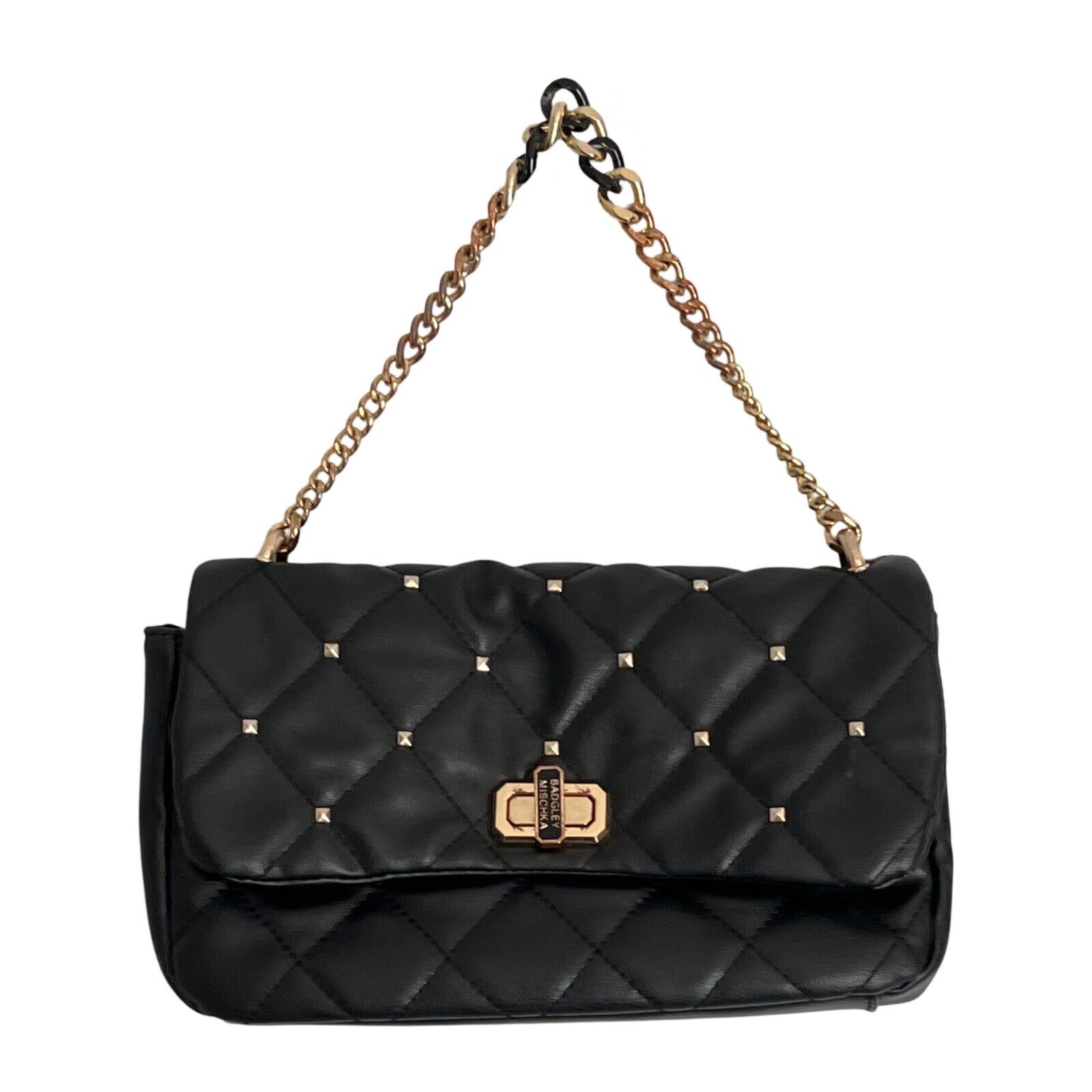 Vintage Badgley Mischka Purse Shoulder Bag Black Quilted Gold Chain Pockets