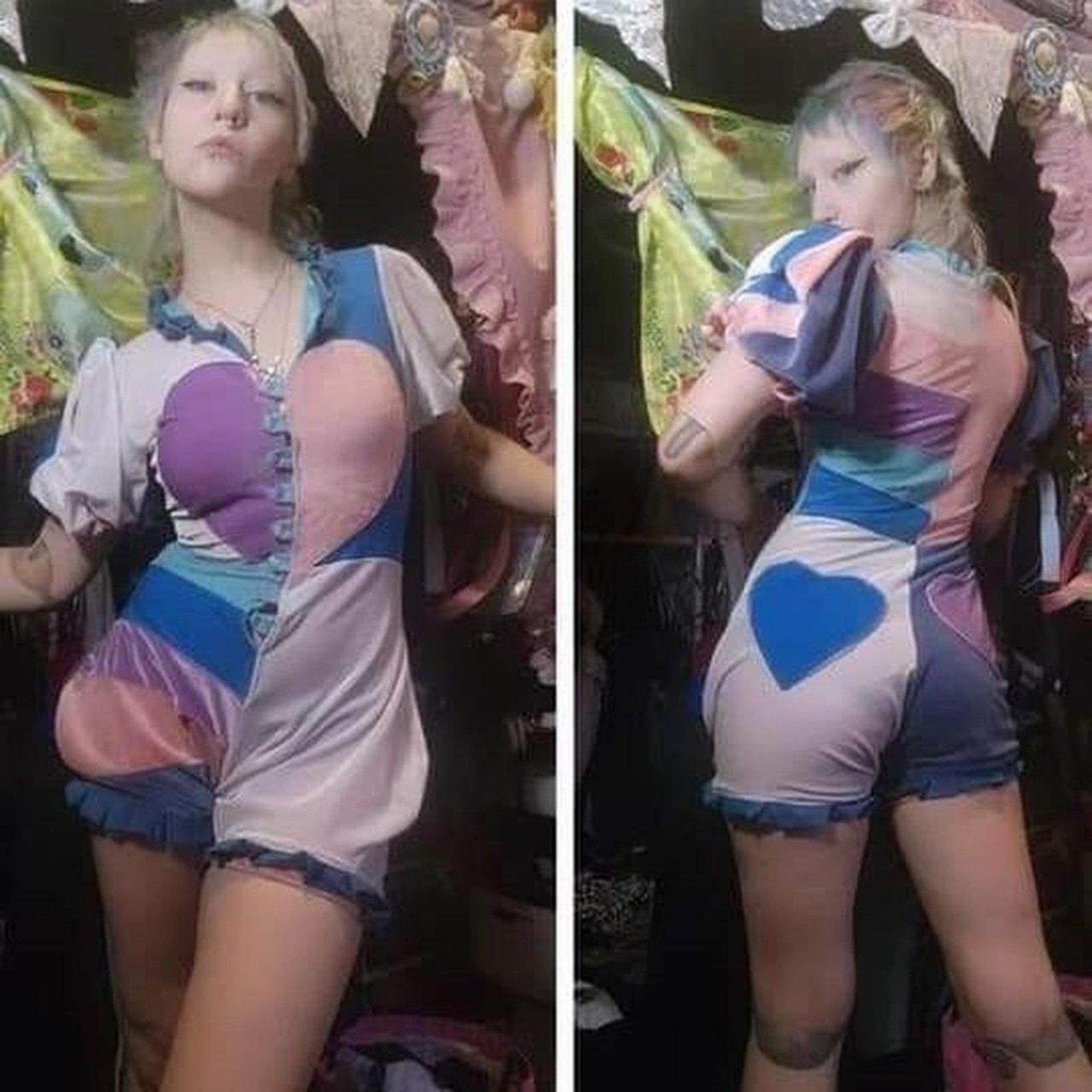 Thread Baroness One of a Kind Pastel Color Block Velvet Ruffle Heart Jumpsuit
