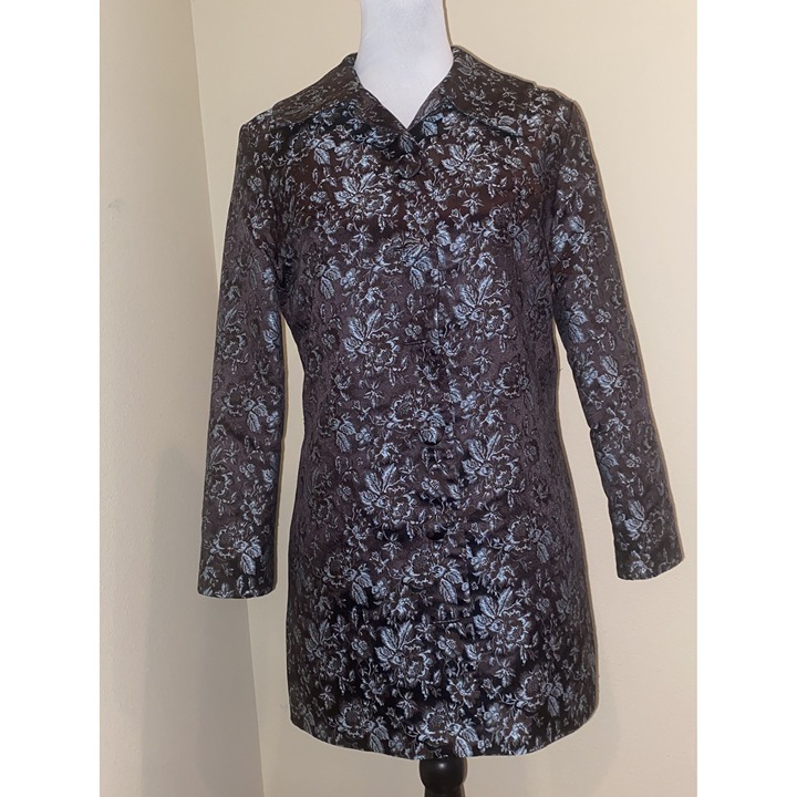 Michelle Decourcy Floral Brocade Jacket Womens M Black & Silver Elegant Design
