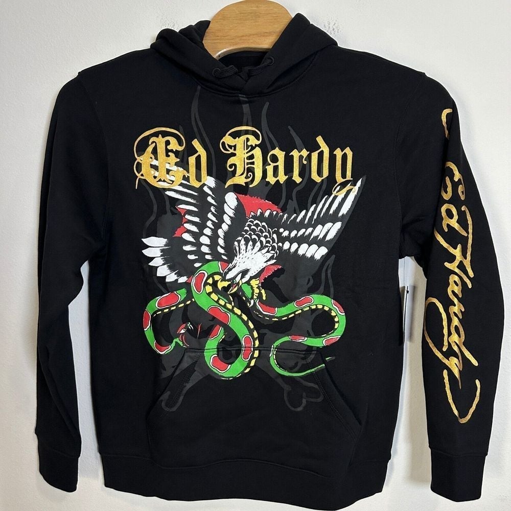 Ed Hardy Pullover Hoodie Mens L Black Eagle Snake Print Long Sleeve Comfort