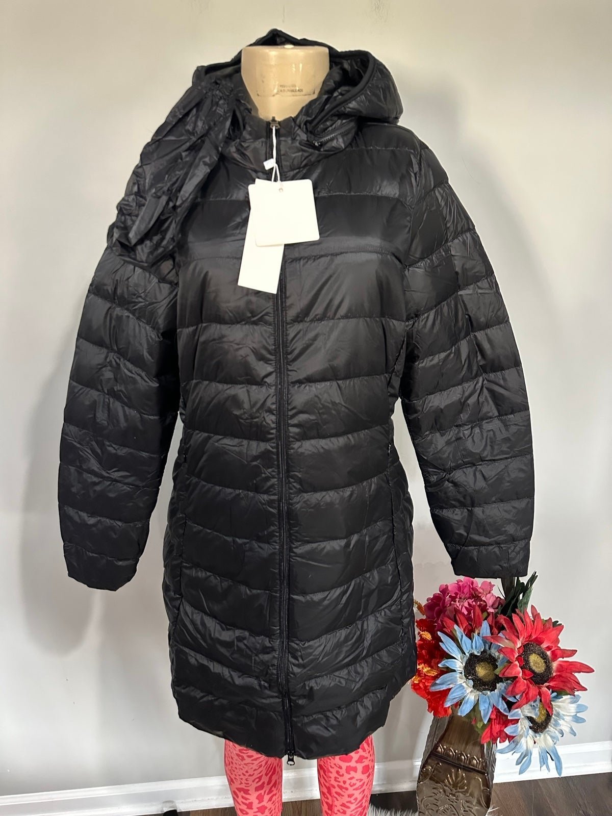 coat size xl women down black packable removable hood long