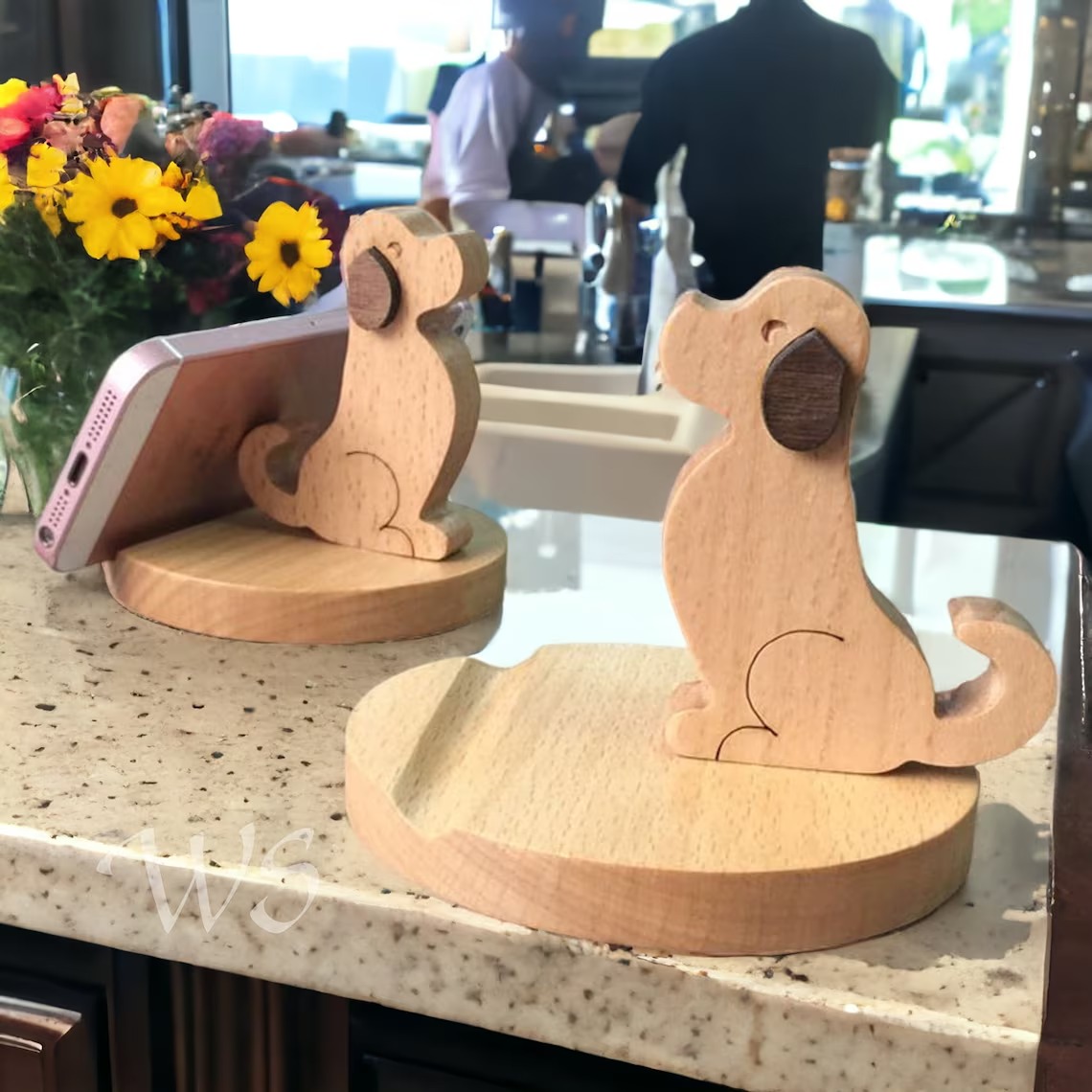 Wooden dog phone holder