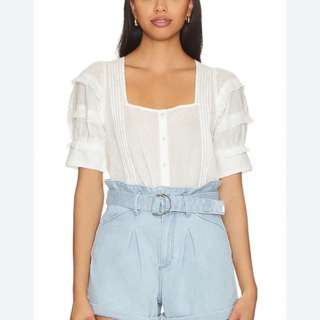 Cleobella Tilly Swiss Dot Short Sleeve Blouse, Off White, Size M