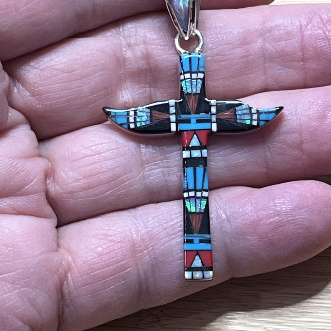 Totem Pole Cross Micro Inlay Sterling Silver ART Pendant