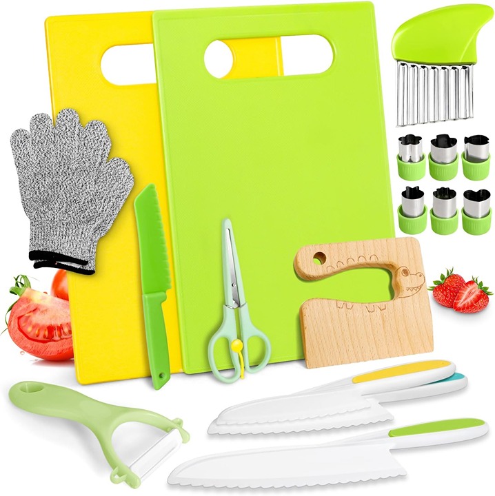 18PCS Kids Knifes Set for Real Cooking, Wooden Toddler