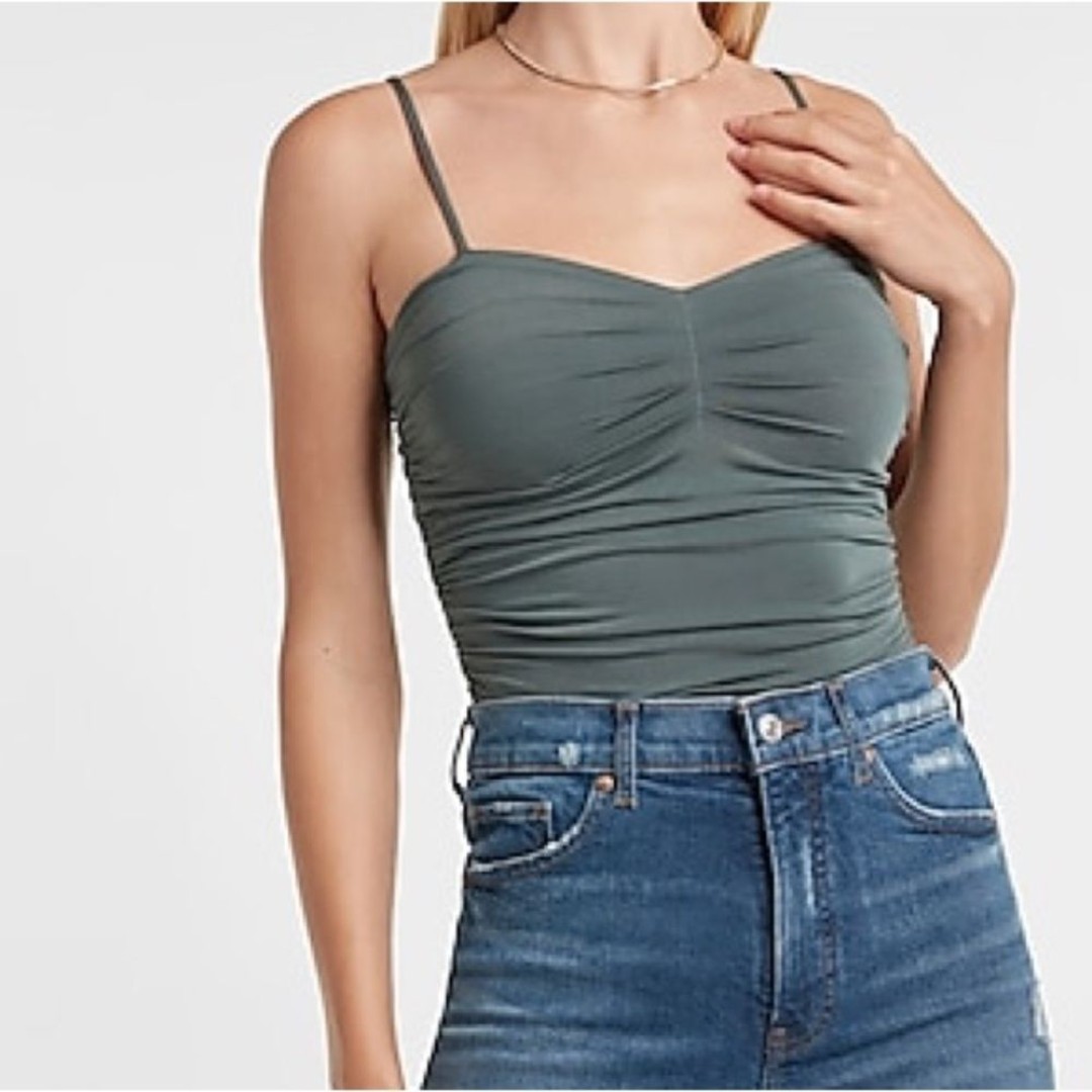 EXPRESS Body Contour Ruched Bodysuit Medium Sage Green Stretch Minimalist Spring