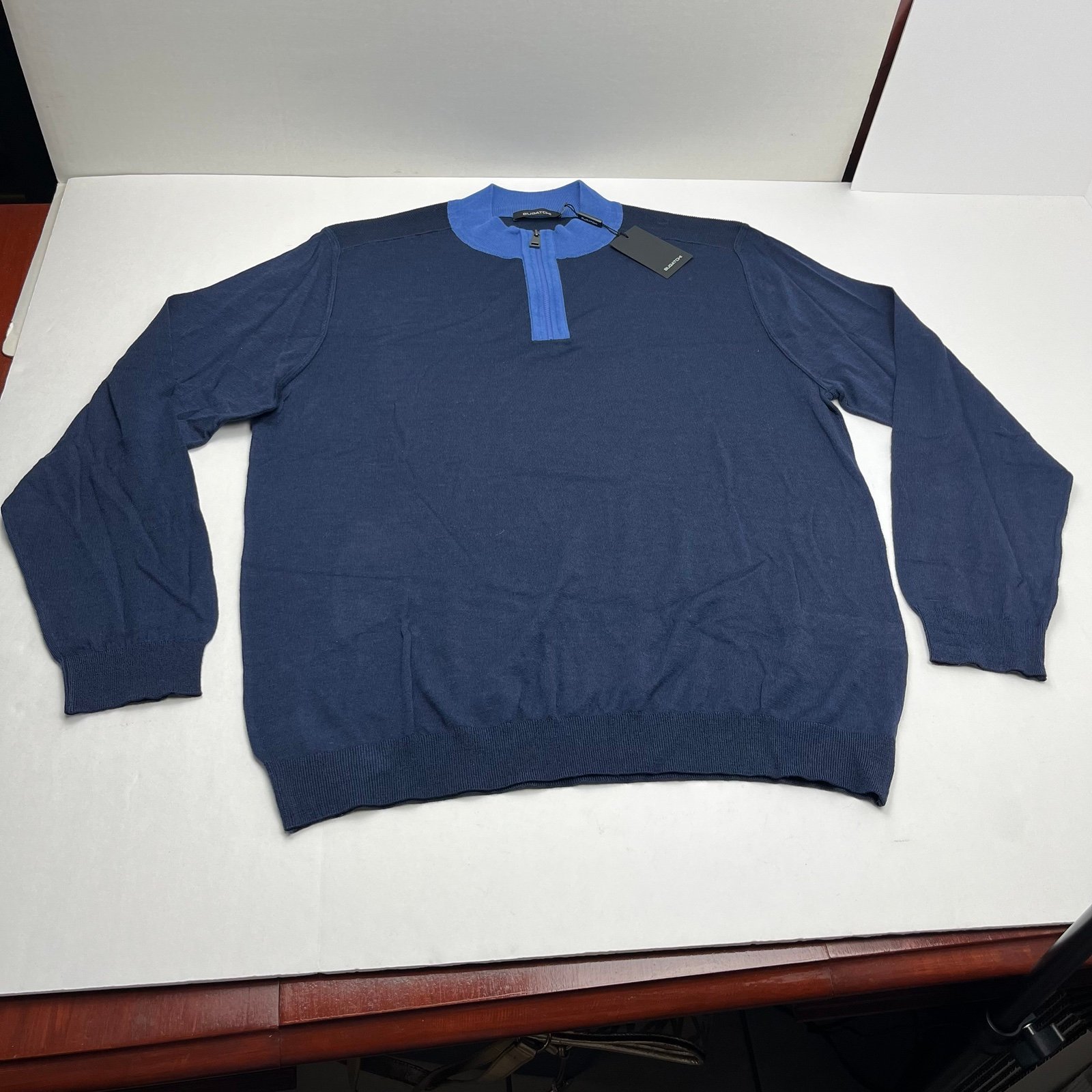Bugatchi Quarter Zip 100% Merino Wool Men XL Navy Blue Long Sleeve Sweater NEW