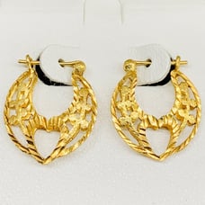 14k Yellow Gold Round Heart Leaf Diamond Cut Filigree Love Hook Hoop Earrings