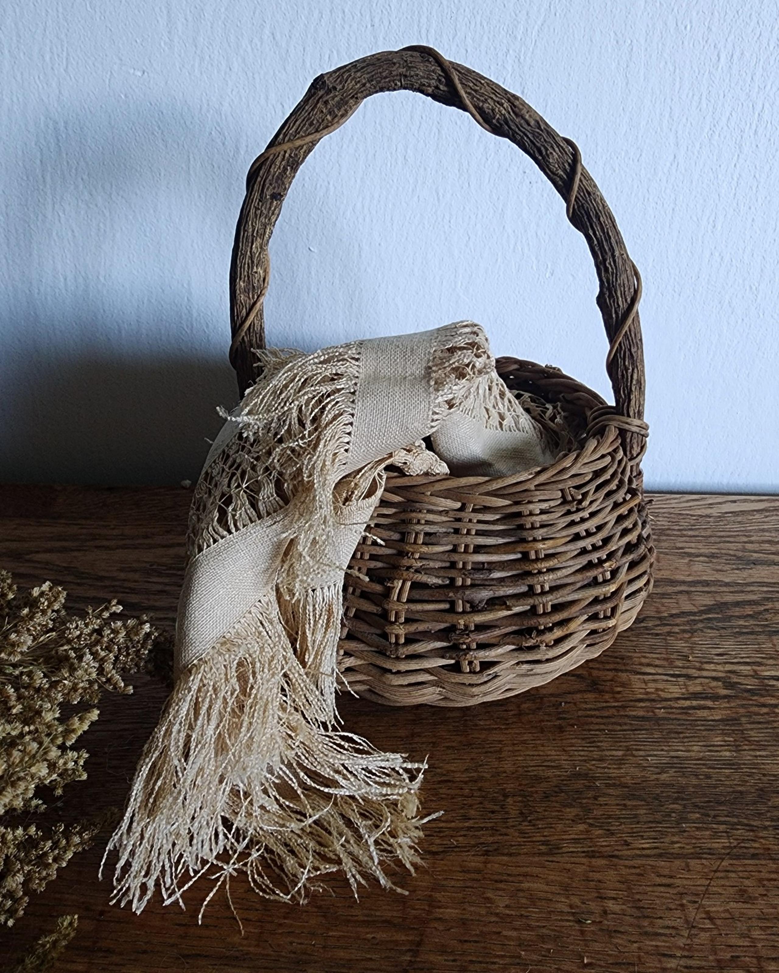 Handmade Vintage Woven Wicker Handle Mini Gathering Basket