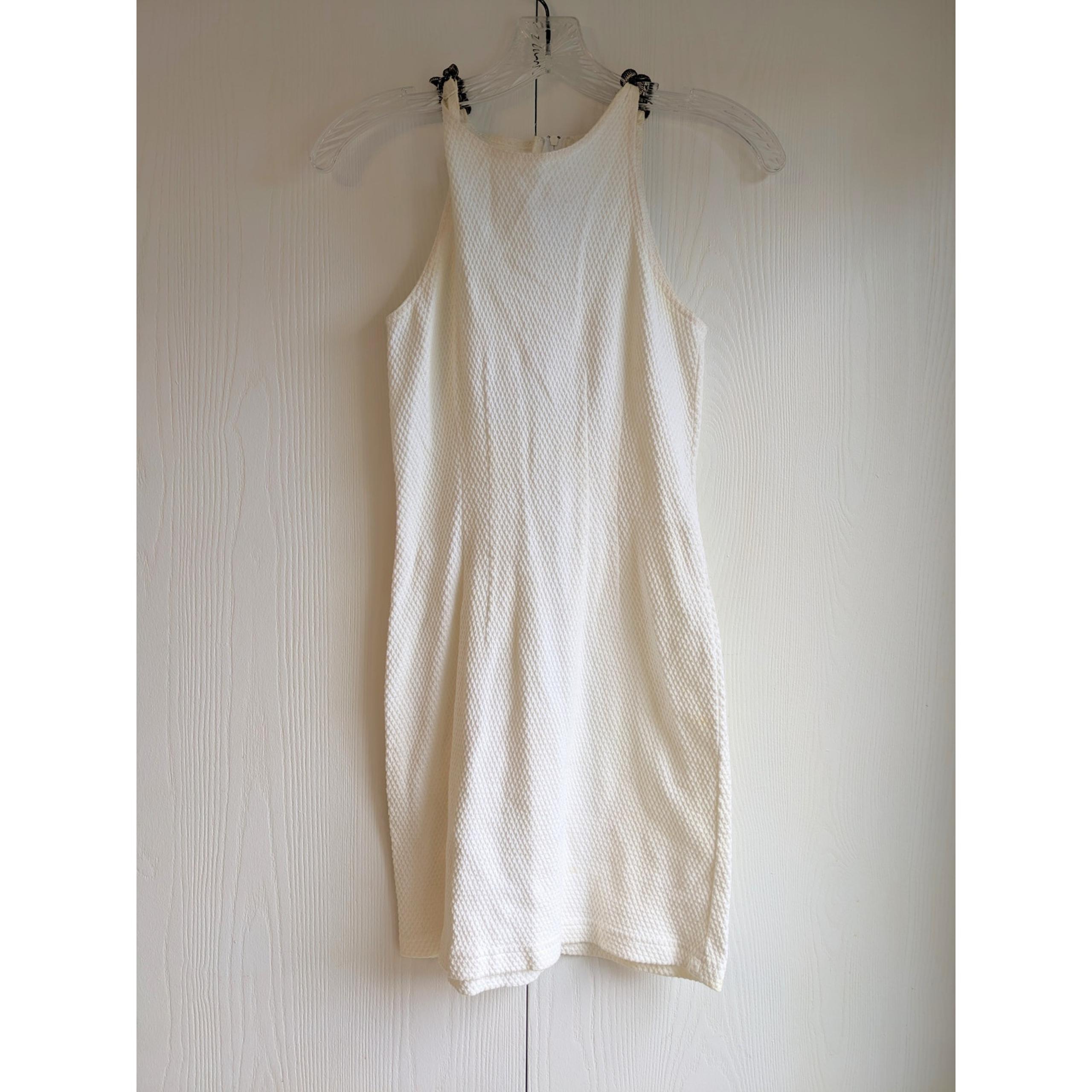 Vintage 1990s La Belle Womens Sz S Mini Dress White Thick Knit Gold Shoulder