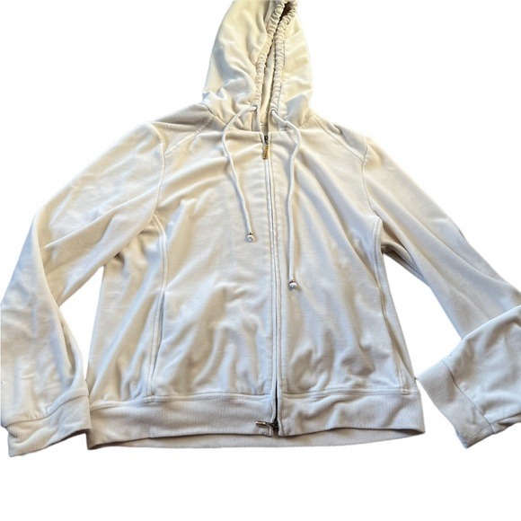St. John Sport Womens Full Zip Velour Hooded Jacket Size Medium Ivory