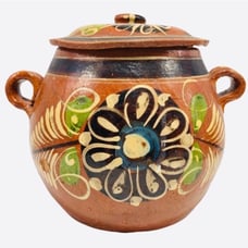 Mexican Redware Terracotta Bean Pot Vintage Hand Painted pottery
