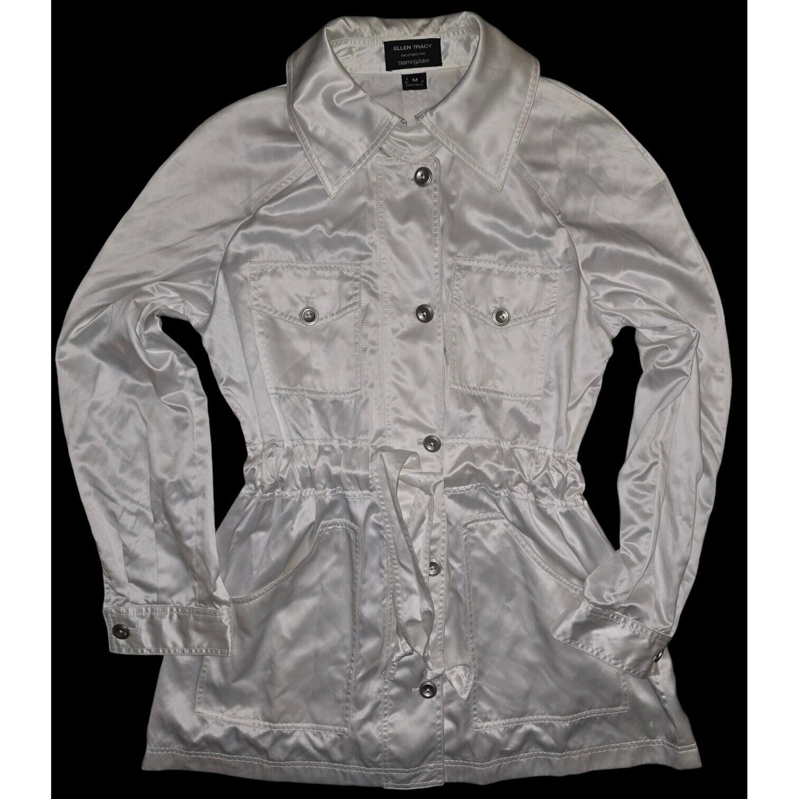 Women's White Satin Short Belted Trench Coat ELLEN TRACY Size Medium