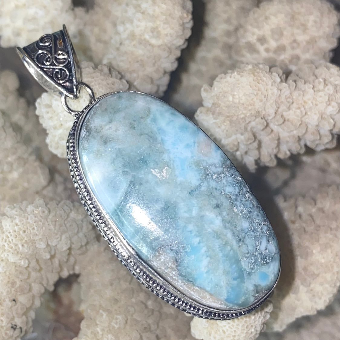 Caribbean Larimar natural gemstone statement vintage pendant