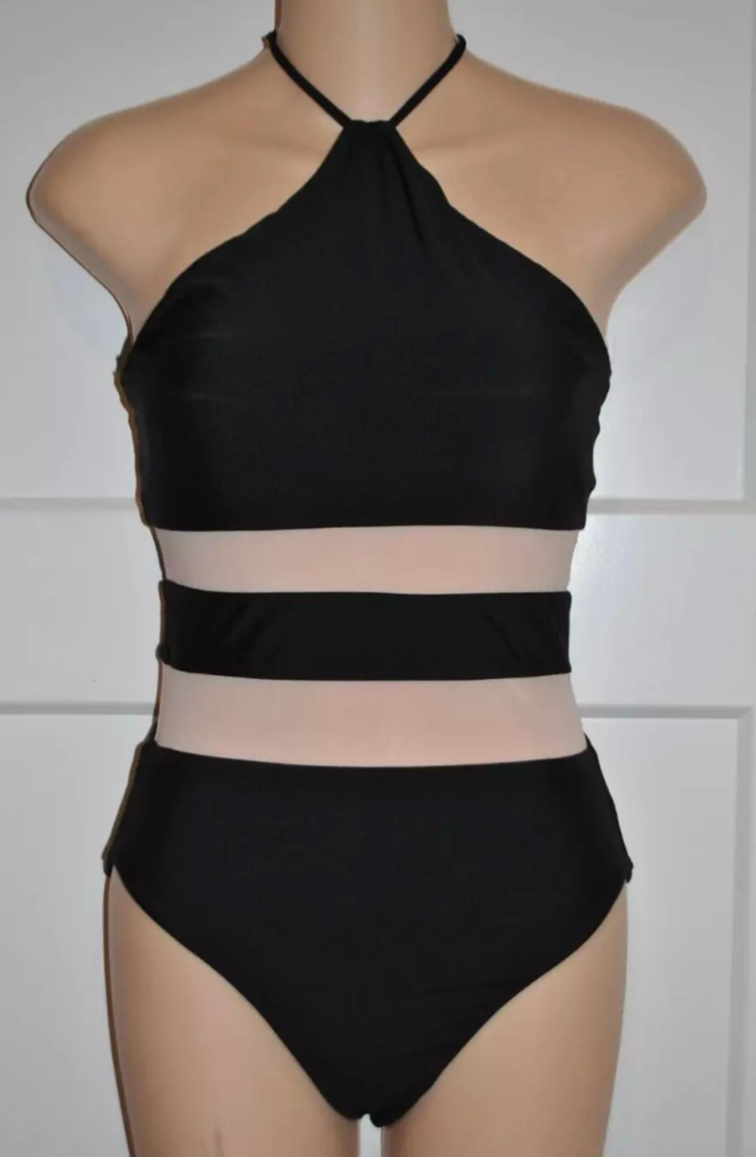 PQ Pilyq Black Halter Mesh Sheer Center Inserts One Piece Swimsuit size S New