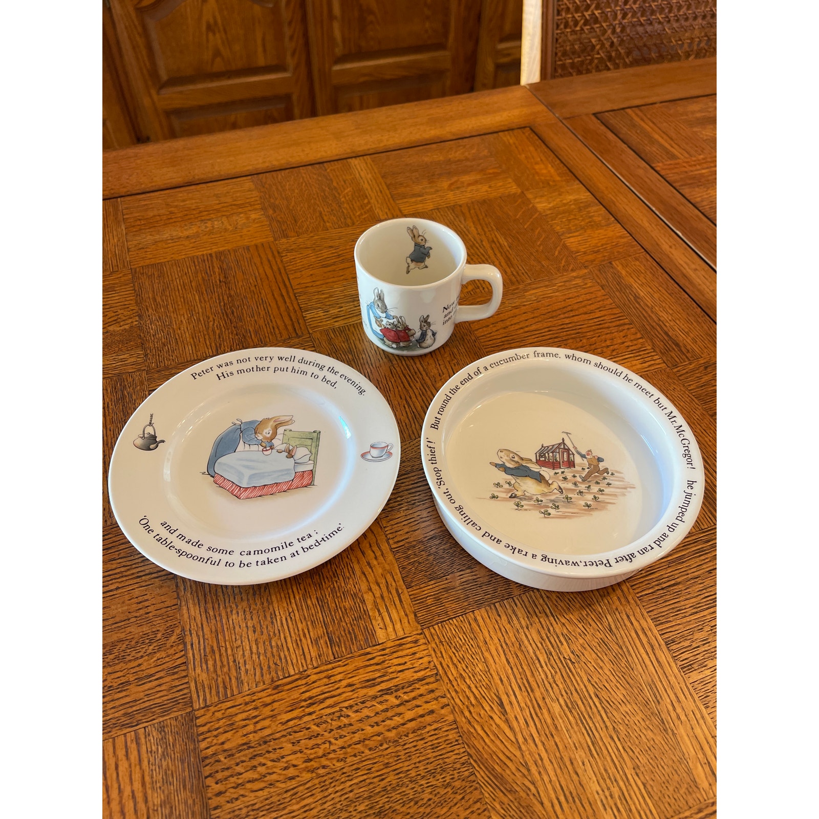 Set up three bowl mug and plate Wedgewood Peter rabbit made in England