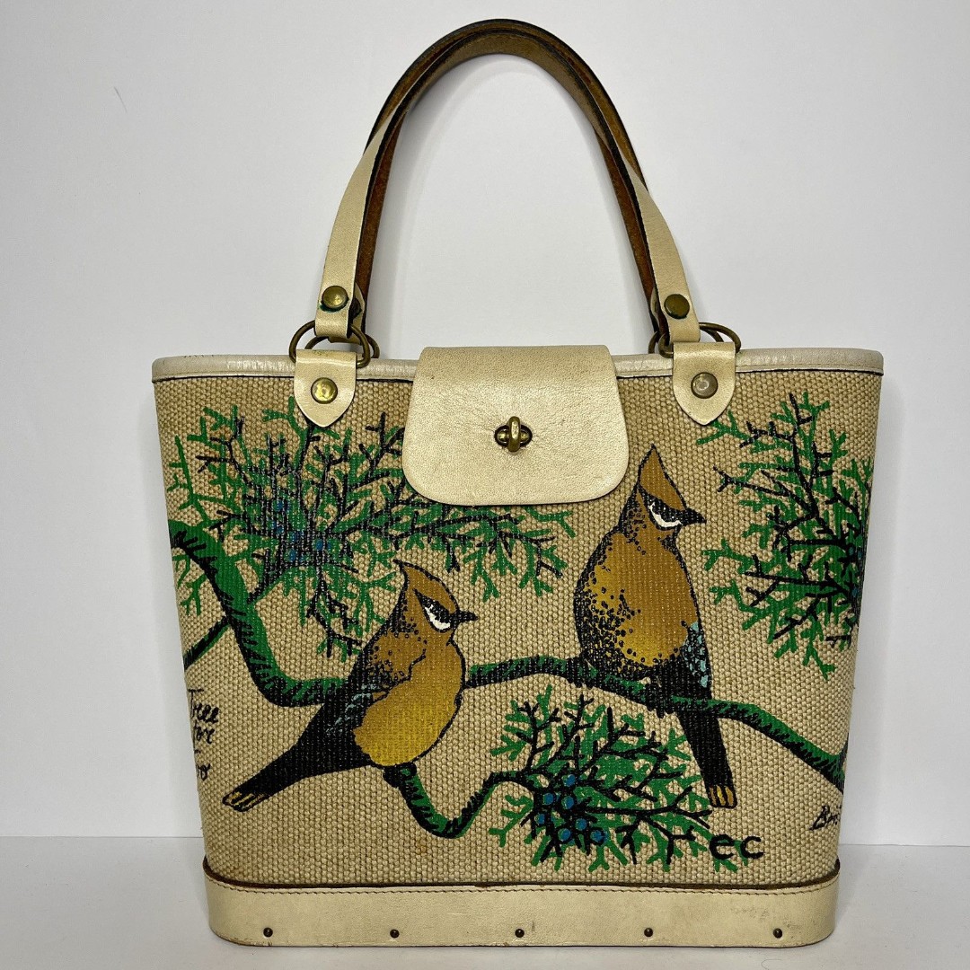 Collins Of Texas Vintage ENID 1970’s Tree For Two Canvas Bucket Bag Purse Birds