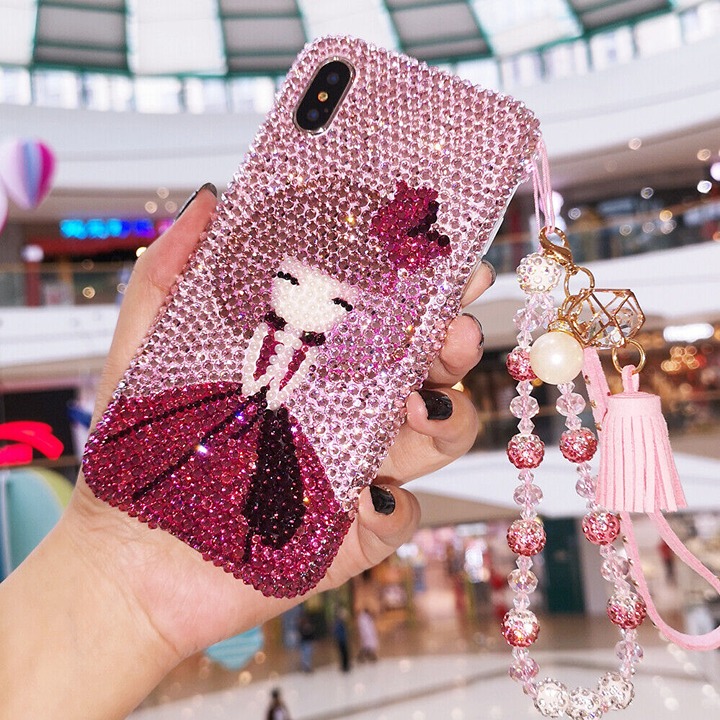 For iPhone 15 14 11 12 13 Pro Max X Case Sparkly Bling Diamond Pink cartoon girl