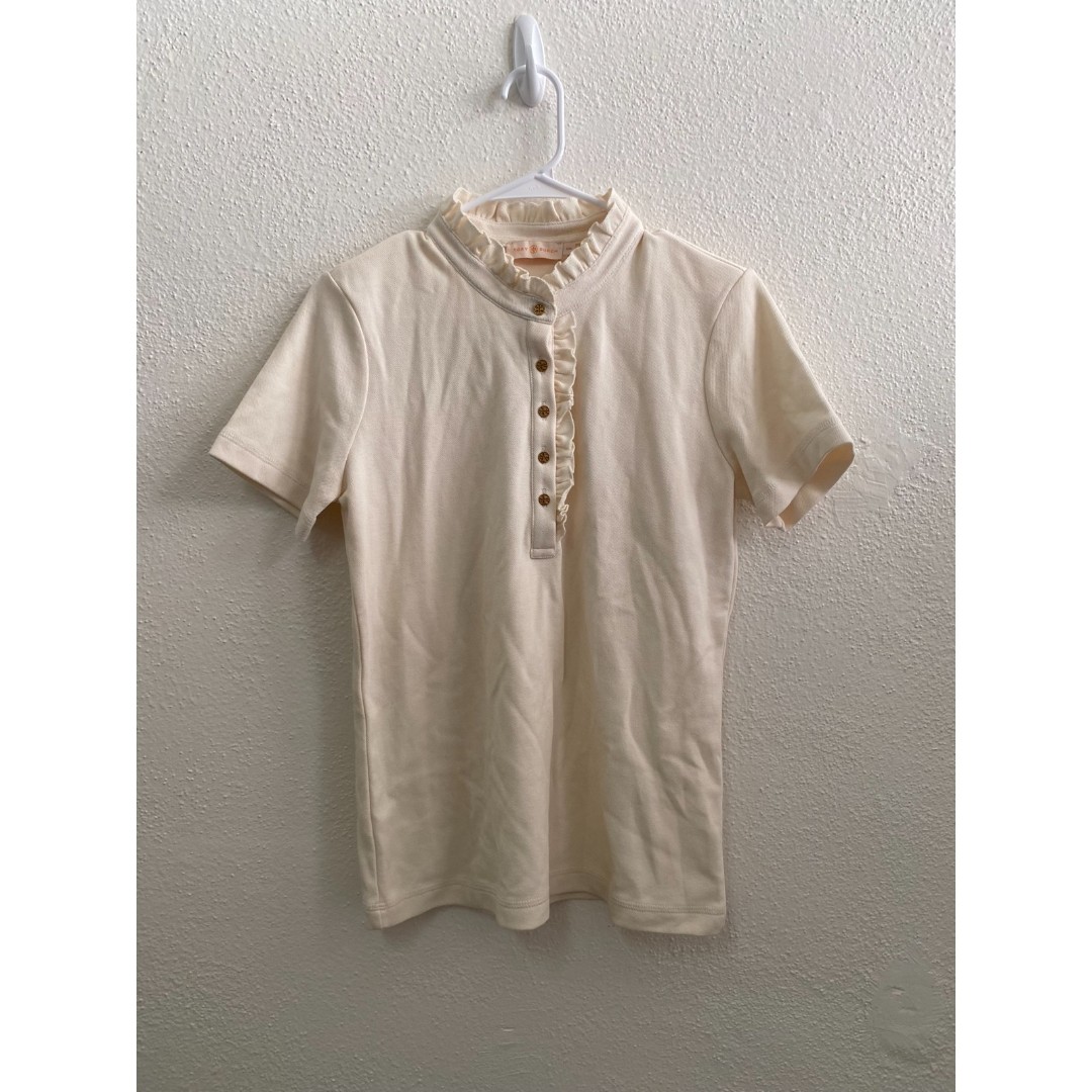 tory burch off white cream gold button ruffle polo golf top size m
