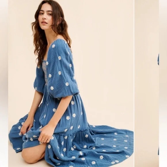Free People Dahlia Dress Womens Small Boho Cottage Embroidered Maxi Summer Blue