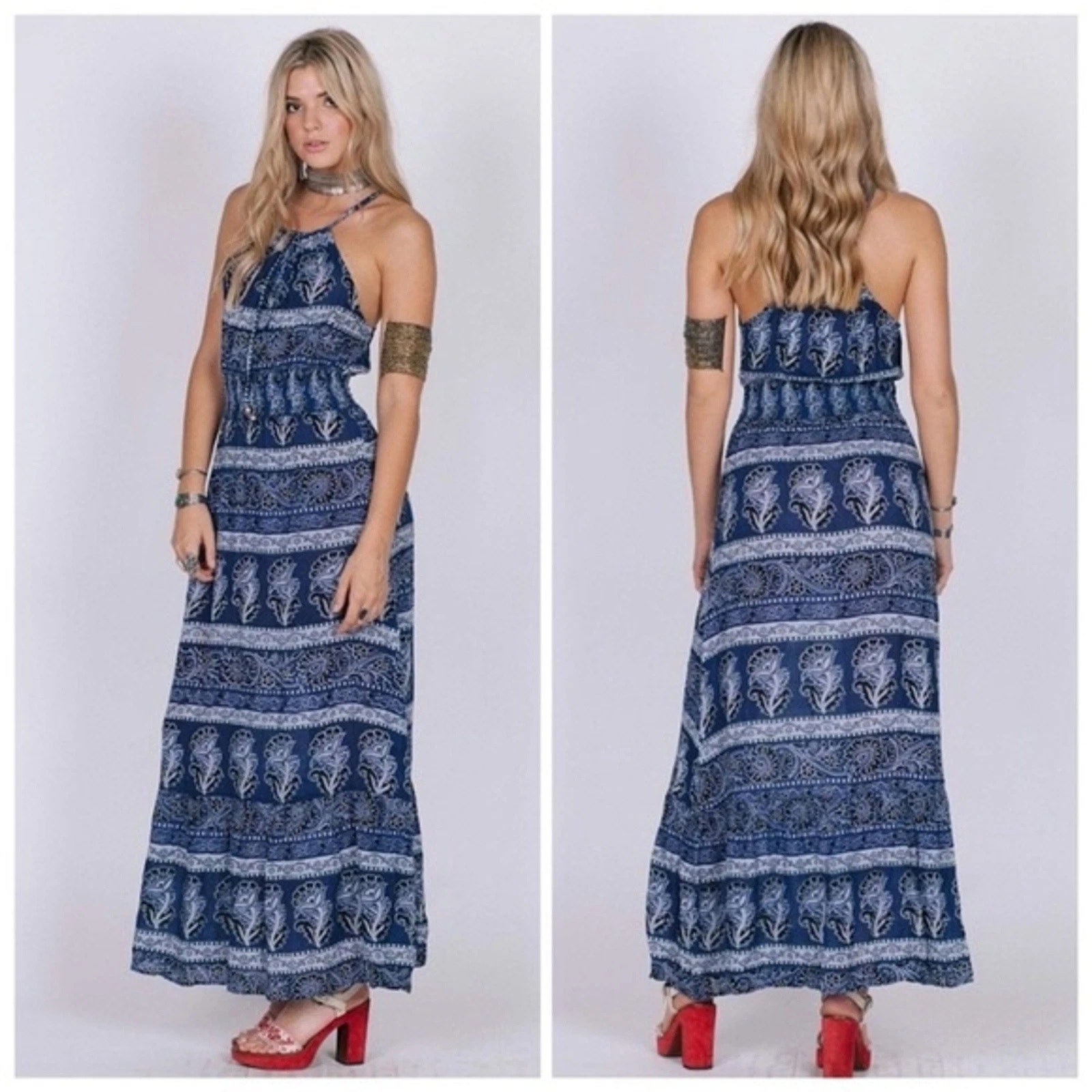 Women’s RAGA Floral Print Island Maxi Dress Spaghetti Straps Size S Navy Blue