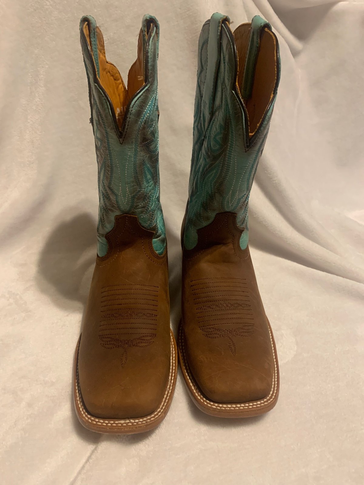 Teal and tan unisex boots Size 25 1/2