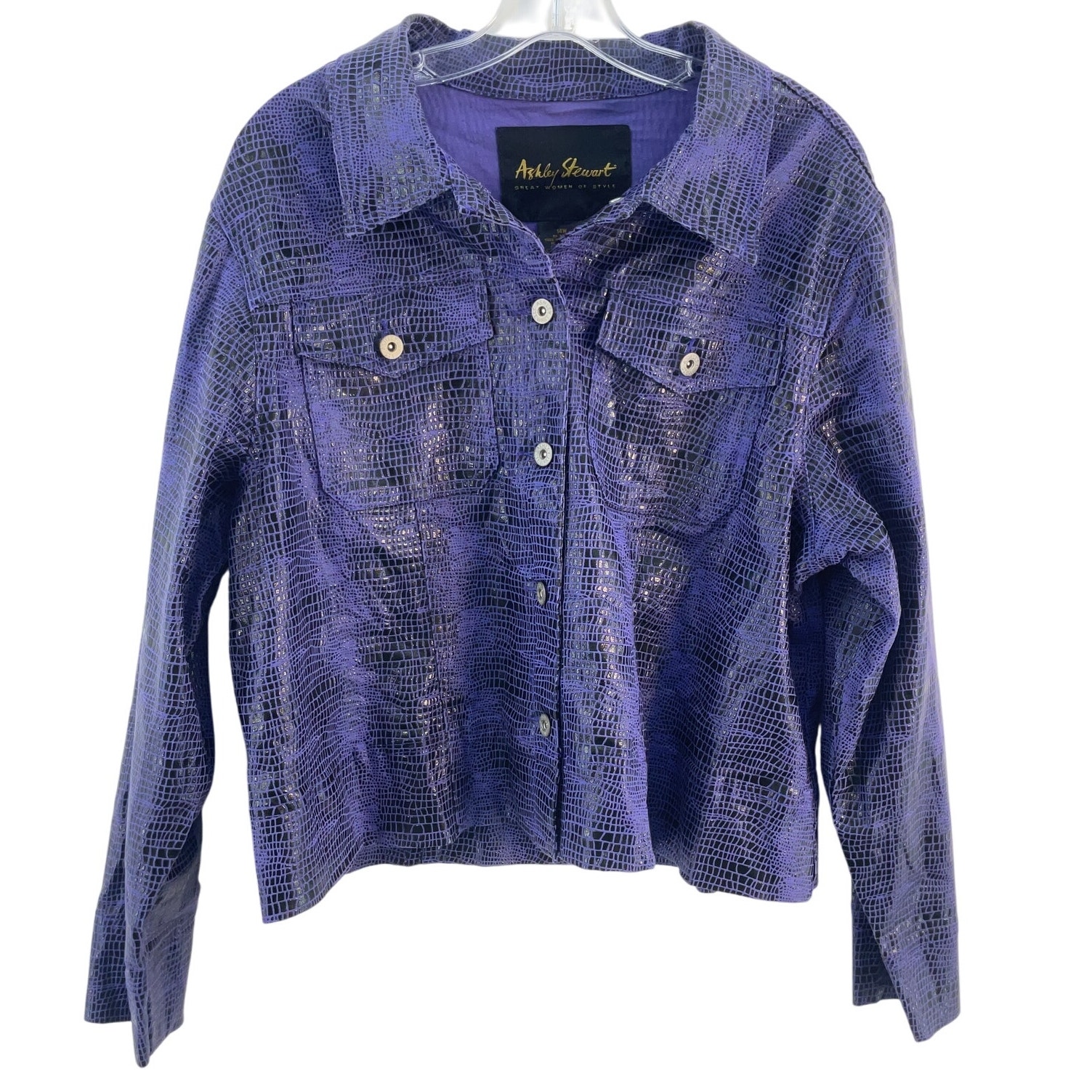 Ashley Stewart Vintage Purple Snakeskin Print Button-Up Jacket Womens 14W Cotton