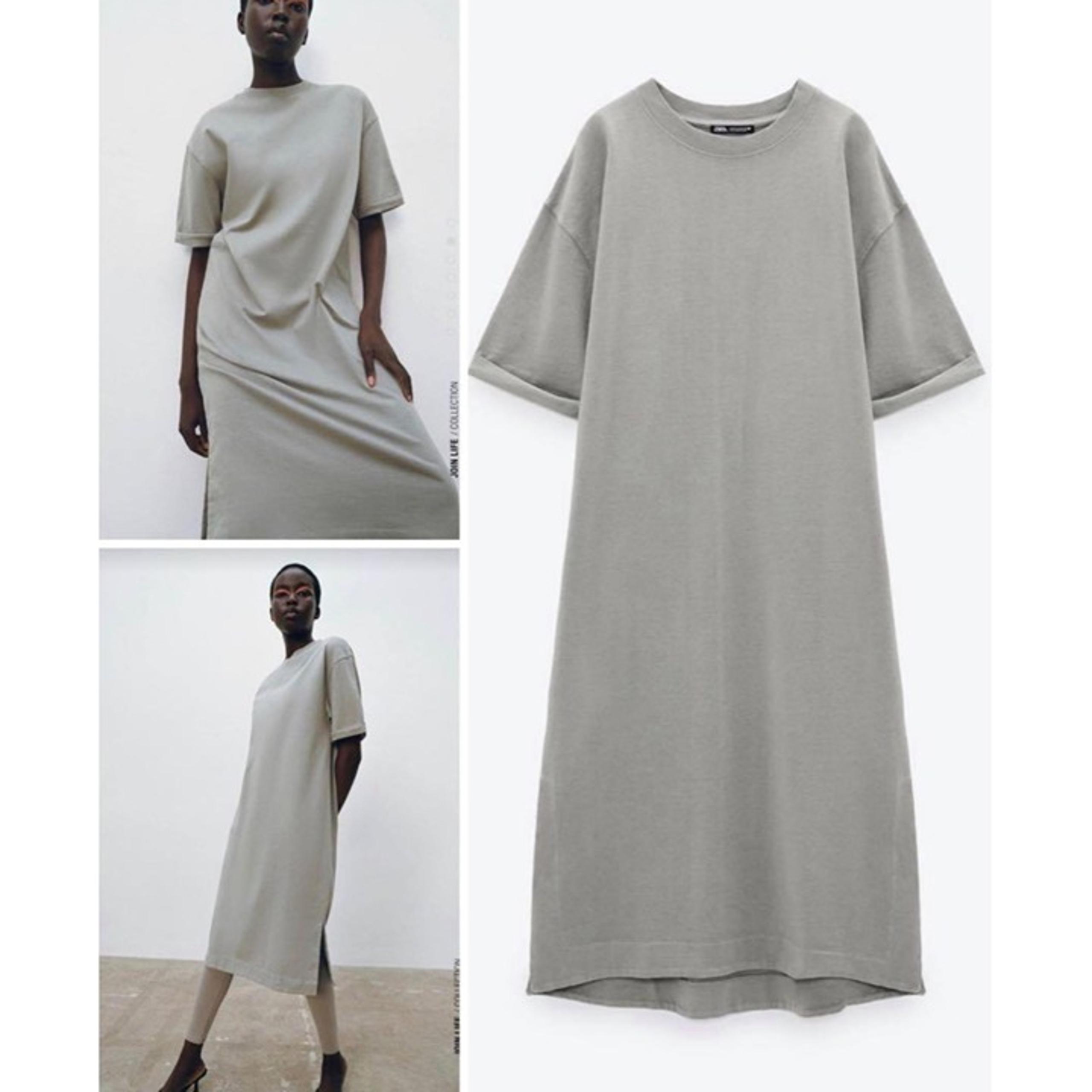 Zara Tshirt Midi Dress Women XS Grey Mink Flare Sleeves Relaxed A line Mock Neck