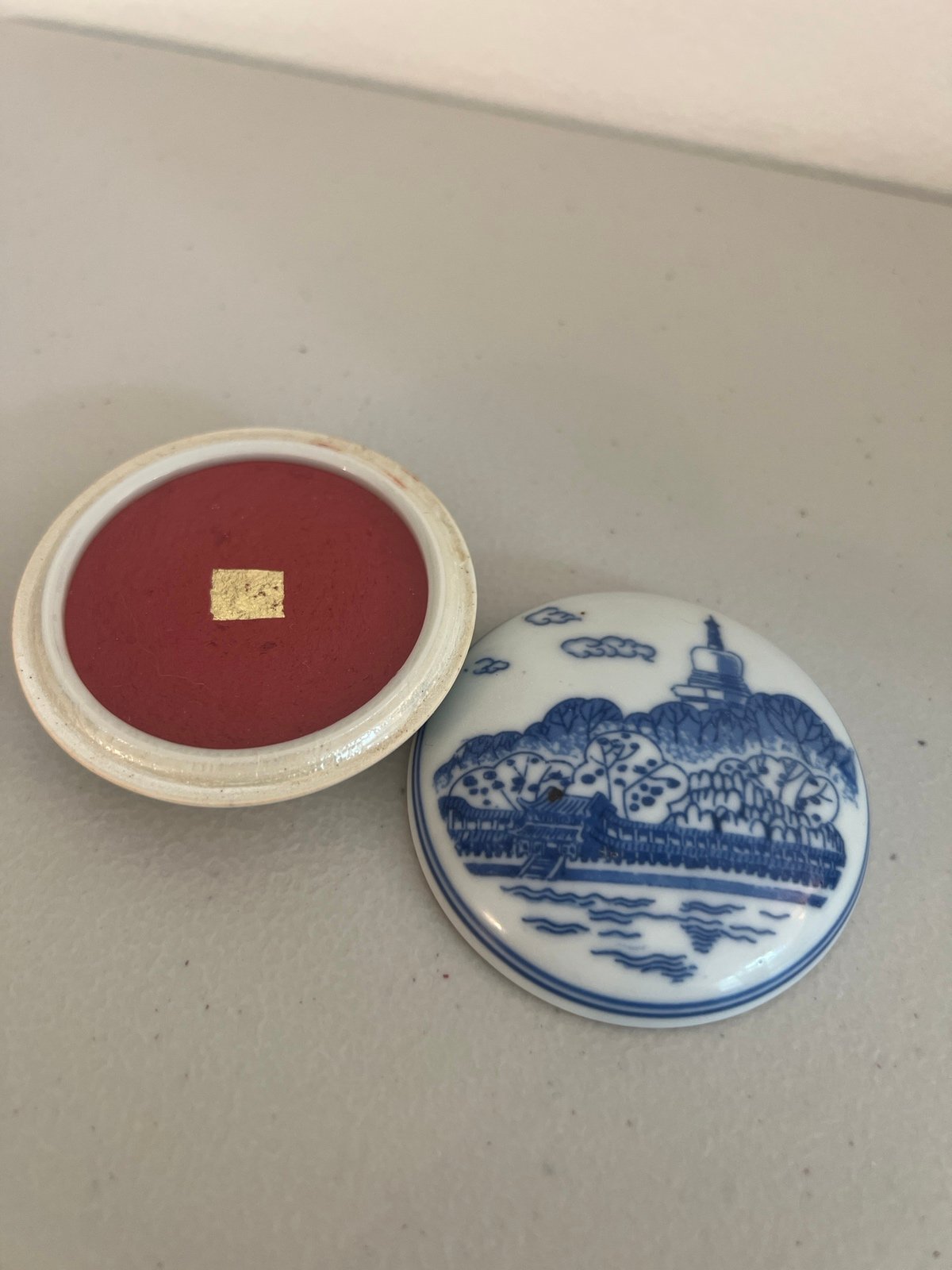 Vintage Chinese RED SEAL PASTE Ink Porcelain Lidded Dish, Seals Calligraphy