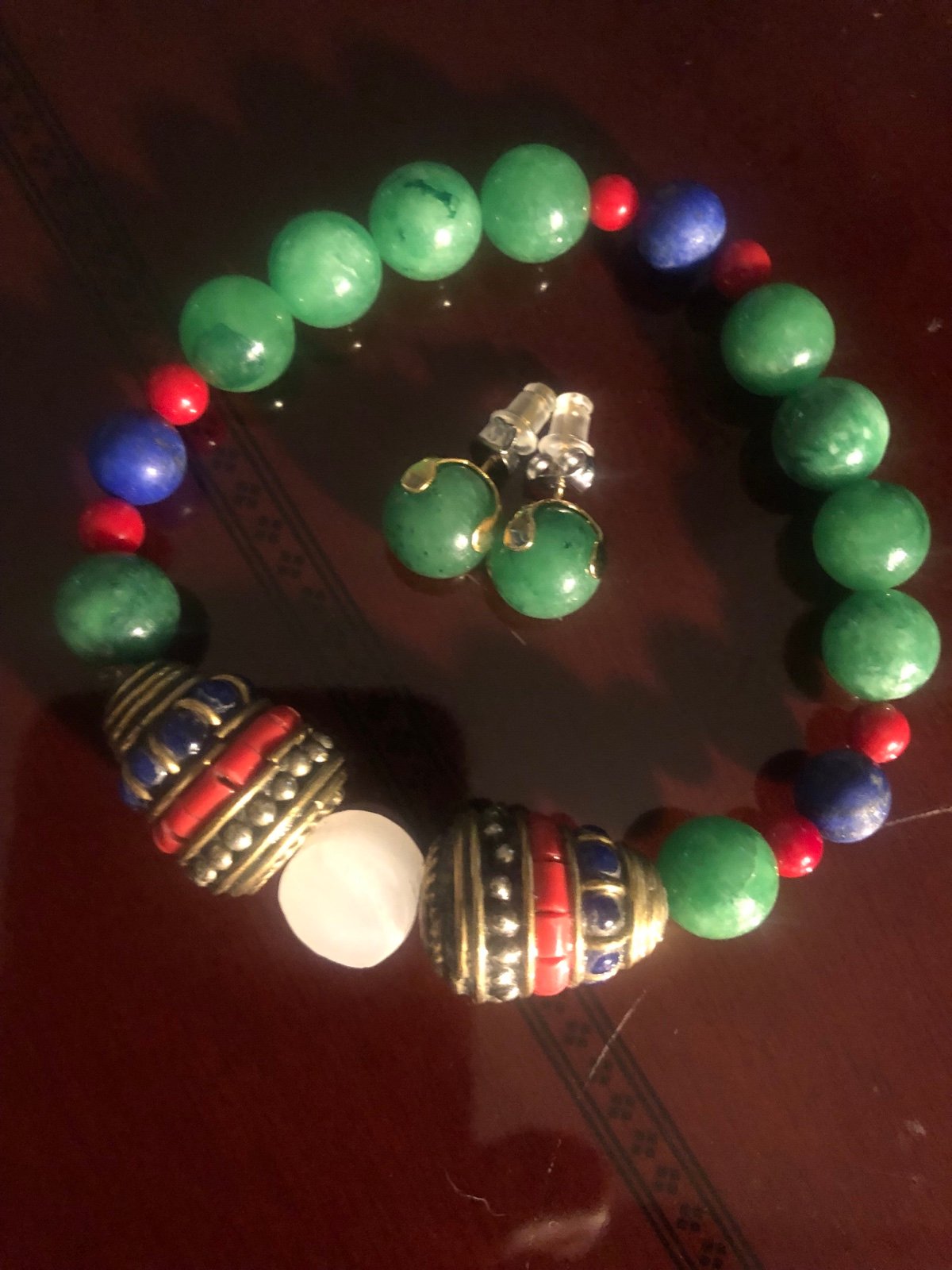Burmese Jade, Red Coral, Lapis Lazuli Inlaid, Pearl Bracelet / Earring set
