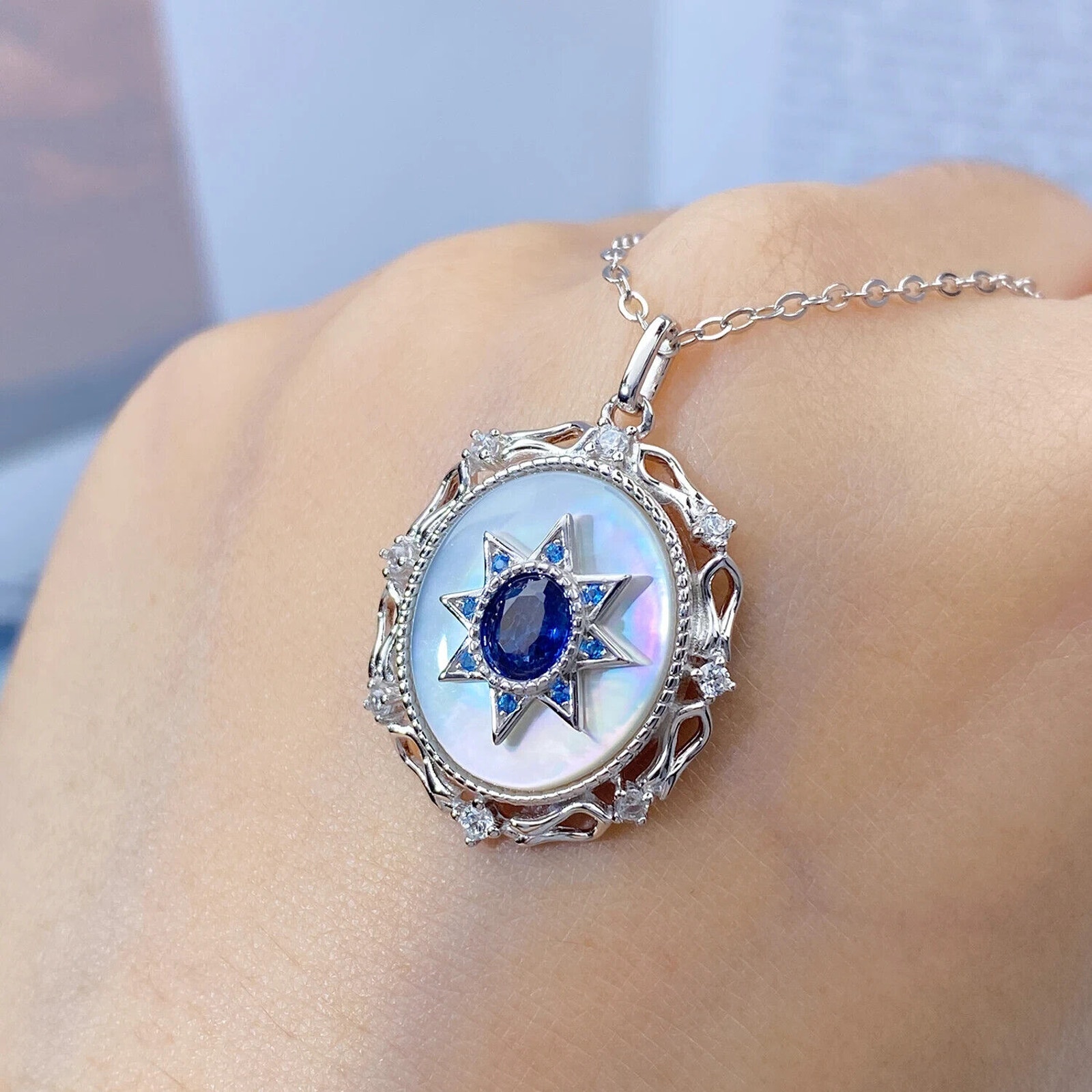 Blue Sapphire Sun Pendant Necklace 925 Sterling Silver, Sapphire Necklace