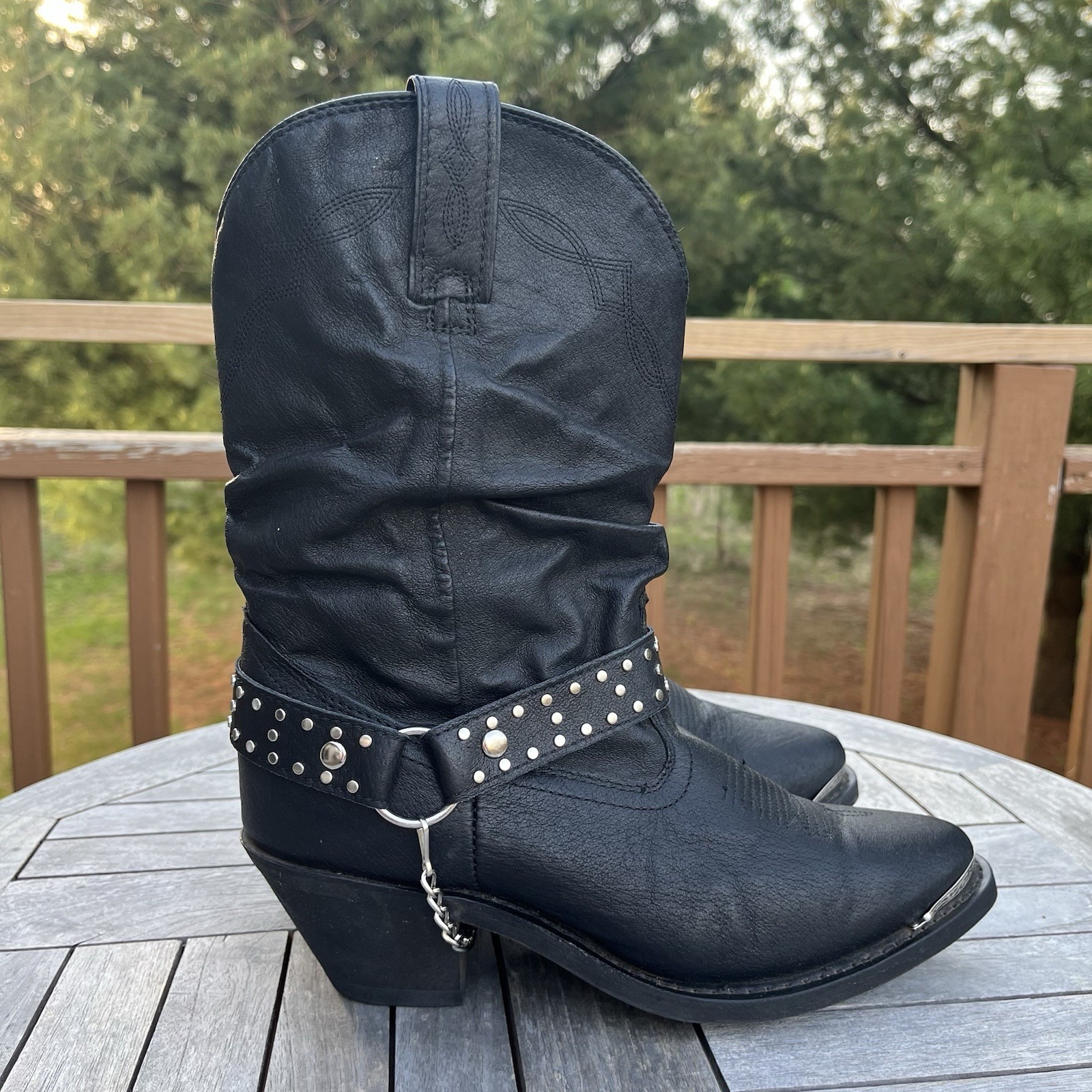 Shyanne Tammye Slouch Harness Boot Womens Size 9 Black Leather Silver Chain