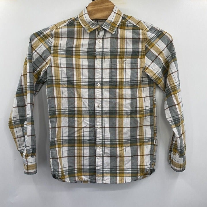 The North Face Men's Small Cotton Yellow Grey White Long Sleeve Button Up Shirt