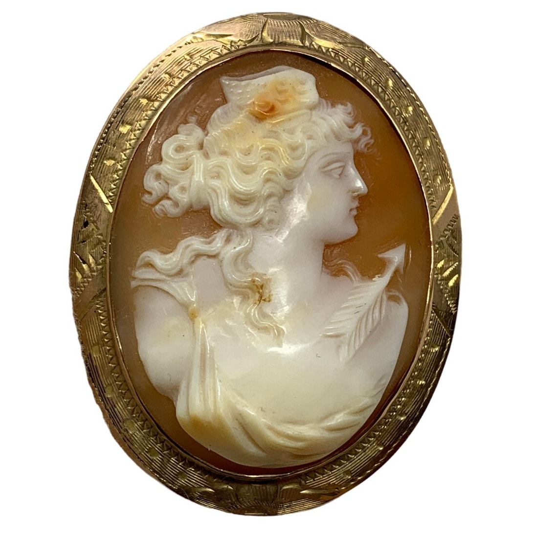 Antique Art Noveau Cameo Brooch 10K Gold Engraved Frame Italian Shell Pin